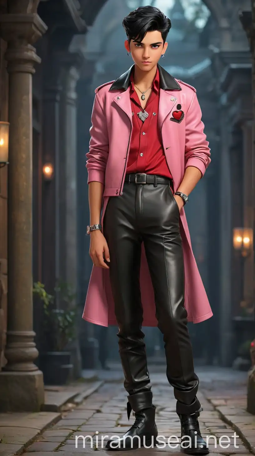 A Teenage Boy with a sharp, sleek appearance with a toned physique and jet black hair styled in a modern pompadour. His piercing crimson eyes exude confidence and intensity, hinting at his royal lineage. Ace's fair complexion is accentuated by a rosy pink blush that adds a touch of warmth to his otherwise cool demeanor. His outfit combines elements of dark Y2K, lovecore, and princecore aesthetics, reflecting his regal heritage and edgy style. He wears a sleek black leather jacket adorned with crimson red hearts and embellishments, adding a romantic touch to his ensemble. Beneath the jacket, Ace sports a rosy pink shirt with a crisp white collar, adding a pop of color to his look. Paired with his shirt, Ace wears fitted black leather trousers and polished black leather boots, completing his sophisticated and stylish outfit. He accessorizes with silver jewelry, including a heart-shaped pendant necklace and cuff bracelets adorned with intricate designs. To add a playful touch, Ace dons a crimson red fedora with a white ribbon band, adding a whimsical and romantic flair to his ensemble. The overall effect is one of modern elegance and undeniable charm, capturing the essence of Ace's royal lineage and his rebellious spirit in the world of Disney's Descendants. 