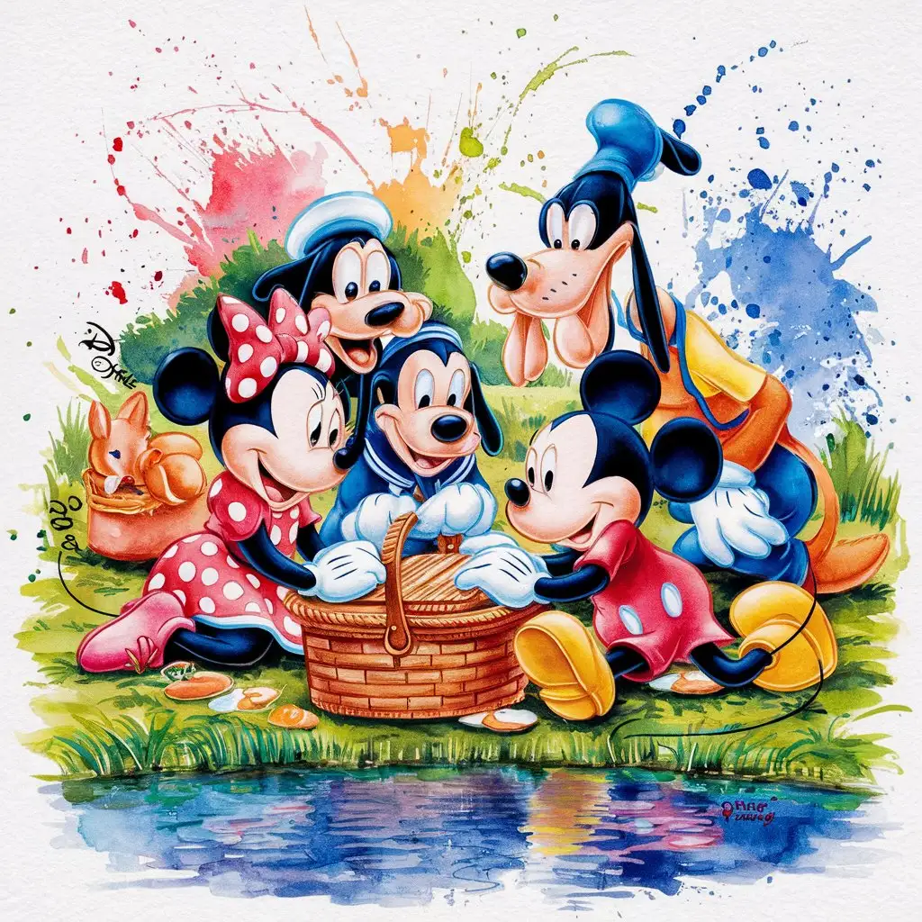 Mickey Mouse with friends watercolor splash background