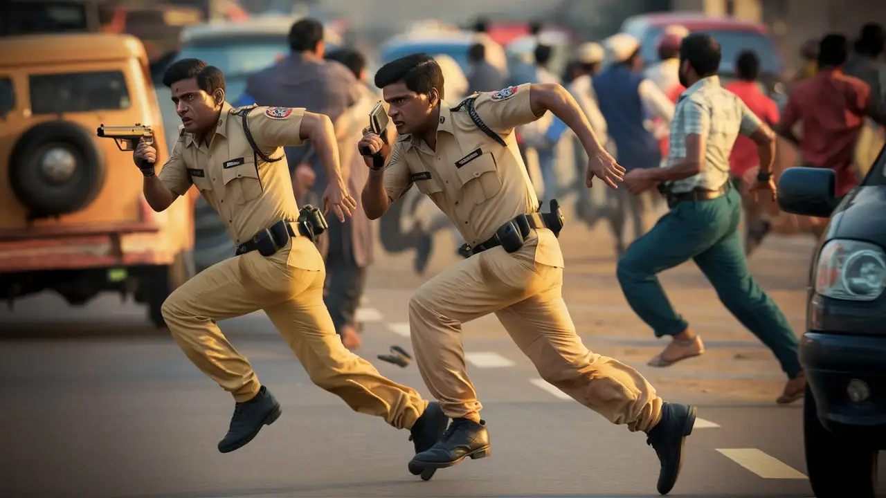 Indian Police in Pursuit Officers in Khaki Uniform Chasing Suspect with Gun