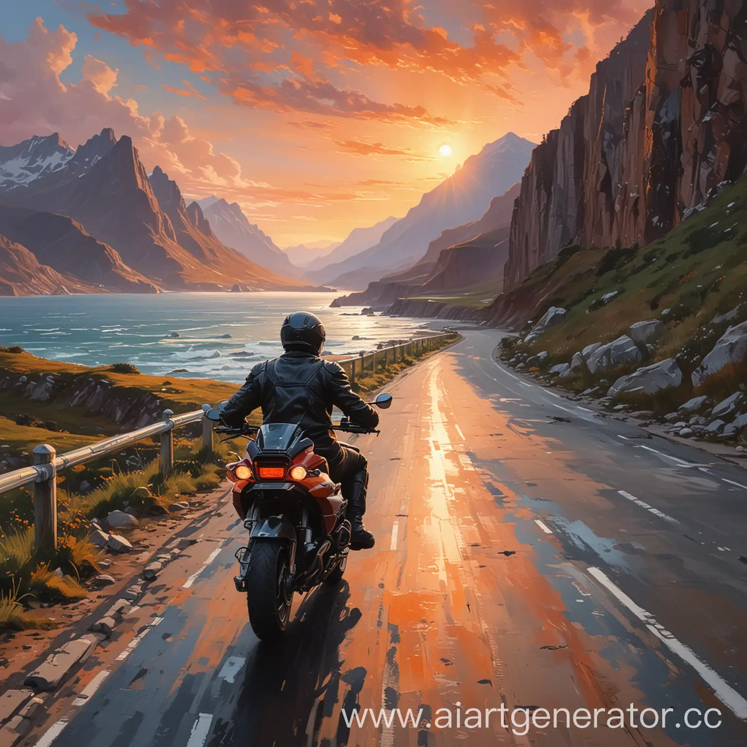 Motorcyclist-on-BMW-C650GT-Riding-Along-Coastal-Sunset