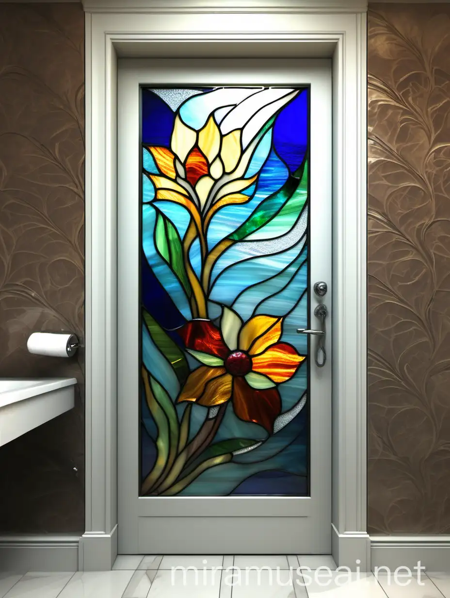 Витраж с абстрактным цветком , плавными линиями, на двери в ванной, из цветного стекла тиффани