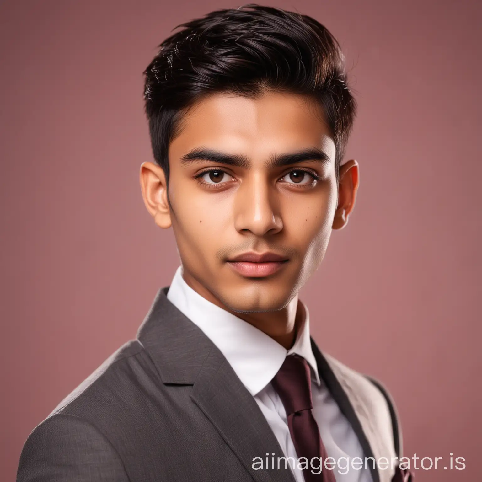 24 year old Indian teen male slightly acne scar fair skin with skinny neck slightly lighter tone posing for a LinkedIn photo in formal wear solid and light forming in bokeh redlight office background wearing formals with Brushed-back Scissor Crop haircut