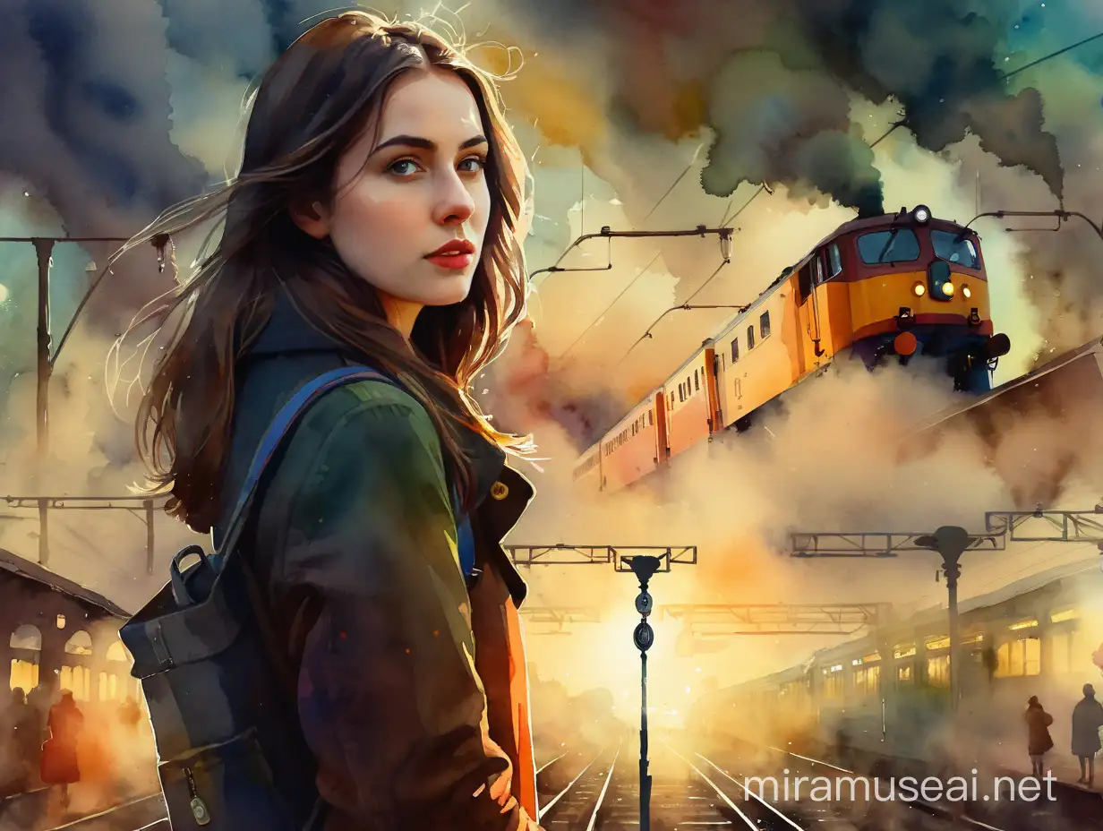 Girl Watching Departing Train at Station in Watercolor Style