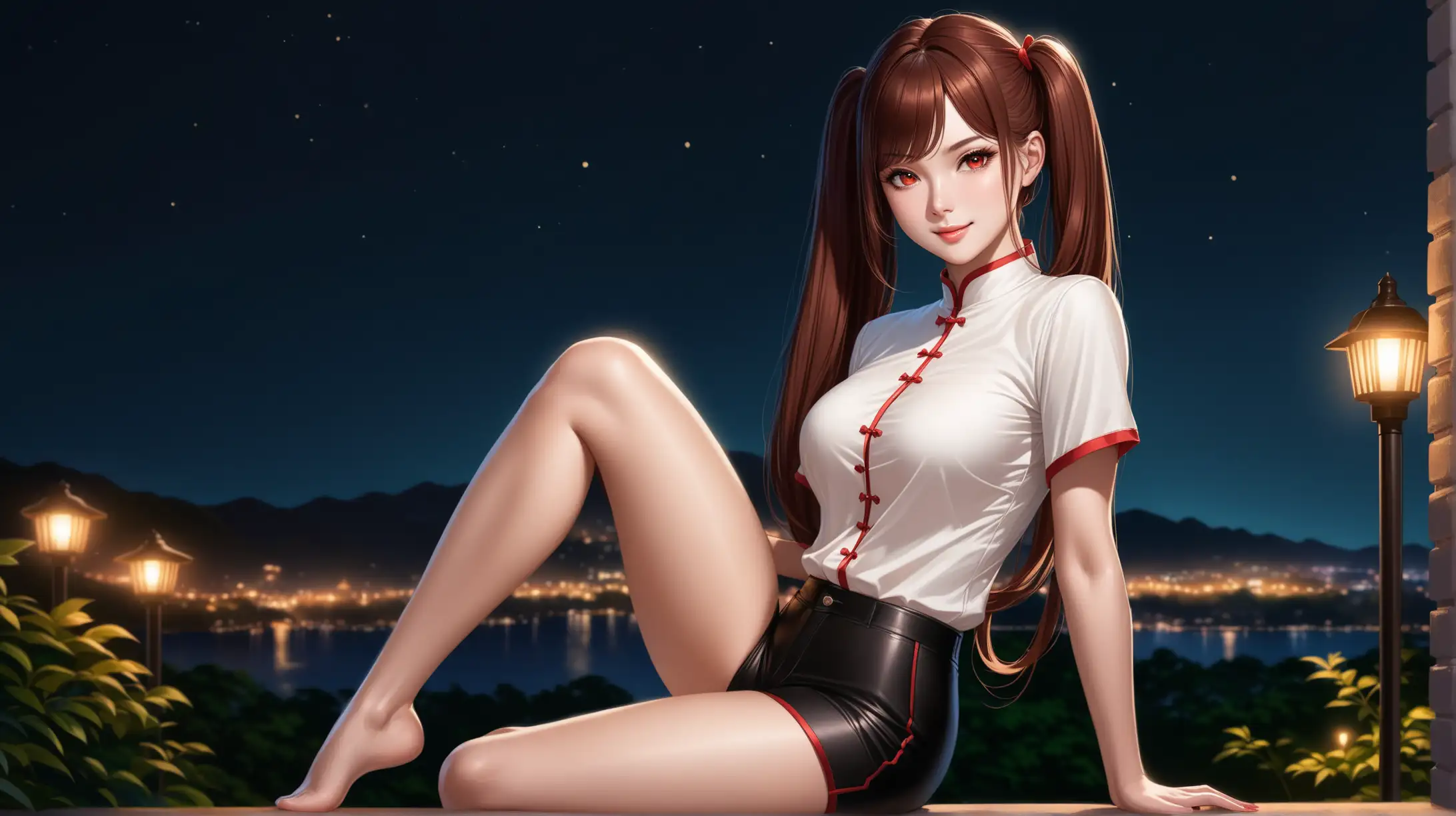 Draw a woman, extremely long reddish-brown hair, two high parted twintails, side locks, side-swept bangs, scarlet eyes, perky figure, high quality, realistic, accurate, detailed, long shot, night lighting, outdoors, seductive pose, black shorts, mandarin collar shirt, smiling at the viewer