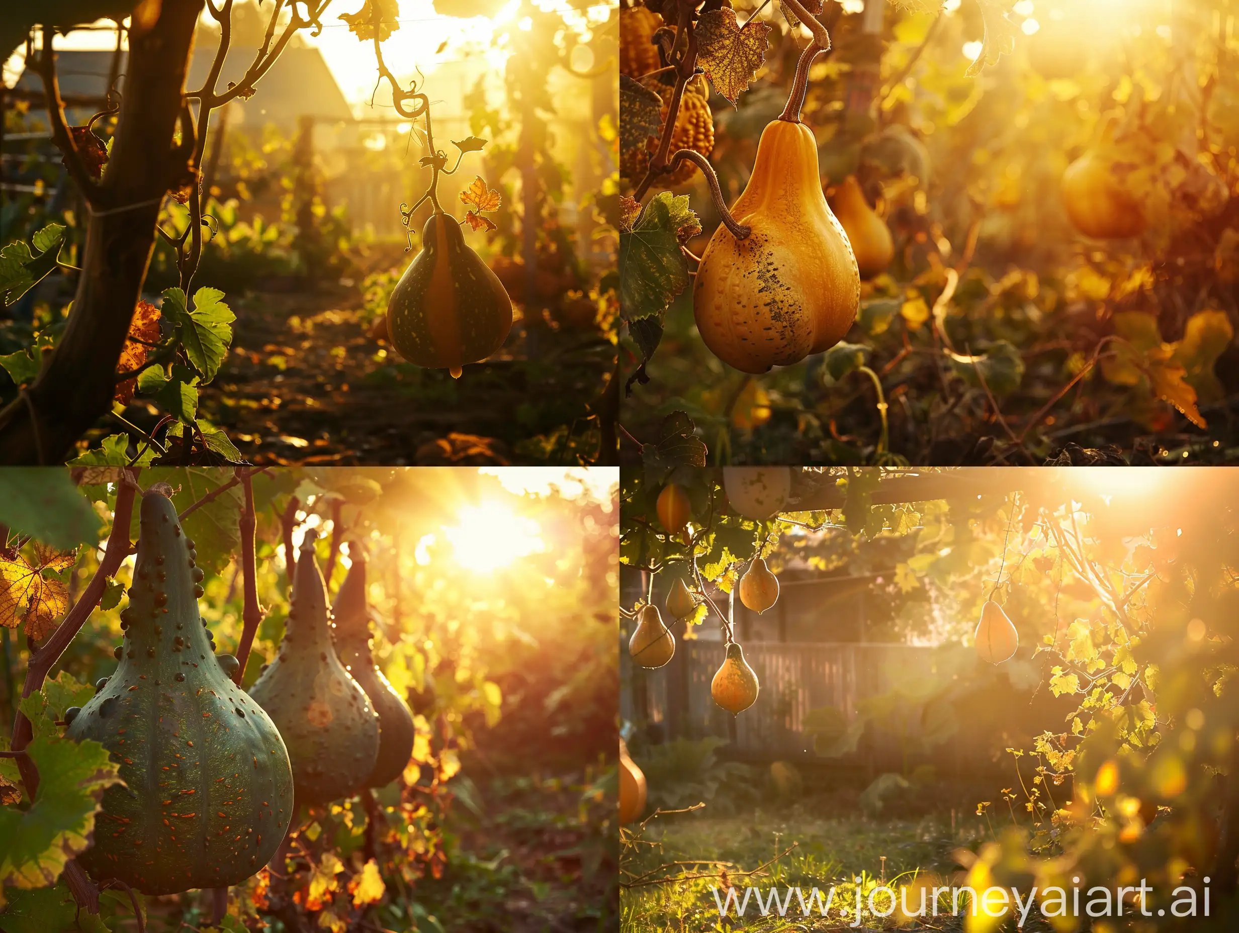 High detailed photo capturing a Gourd, Ornamental Large Bottle. The sun, casting a warm, golden glow, bathes the scene in a serene ambiance, illuminating the intricate details of each element. The composition centers on a Gourd, Ornamental Large Bottle. Large, bottle-shaped fruits make novel bird houses. Attractive fall and winter decorations. Vines spread 12 ft.. The image evokes a sense of tranquility and natural beauty, inviting viewers to immerse themselves in the splendor of the landscape. --ar 16:9 