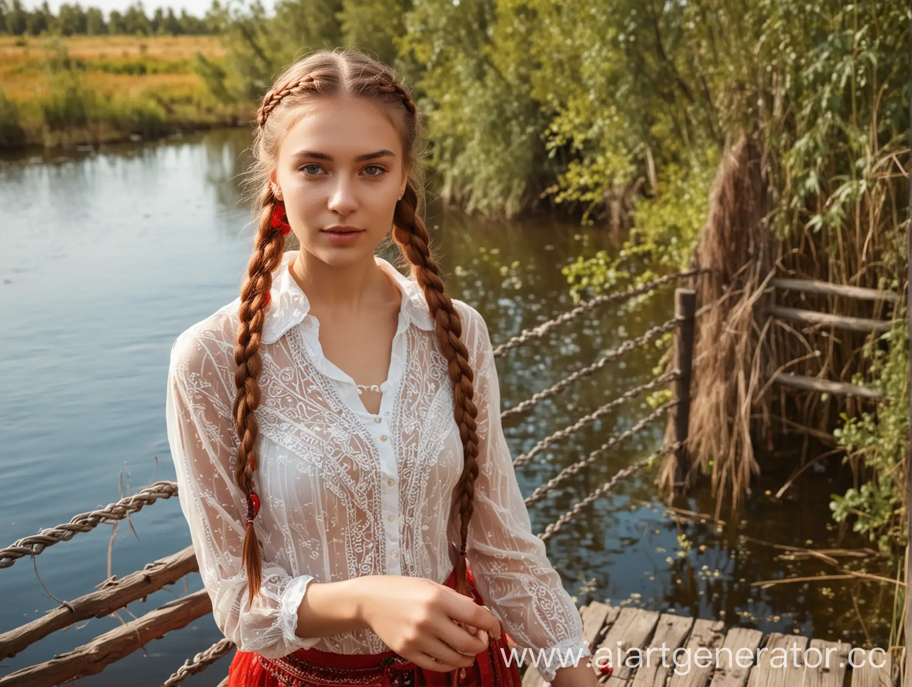 Russian-Beauty-in-Red-Sarafan-on-Overgrown-Lake-Bridge