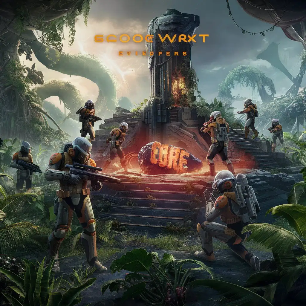 stylized video game cover art, sci fi alien planet jungle biome exotic flora and alien trees, ancient ruins with dead core object, sci fi troopers exploring area