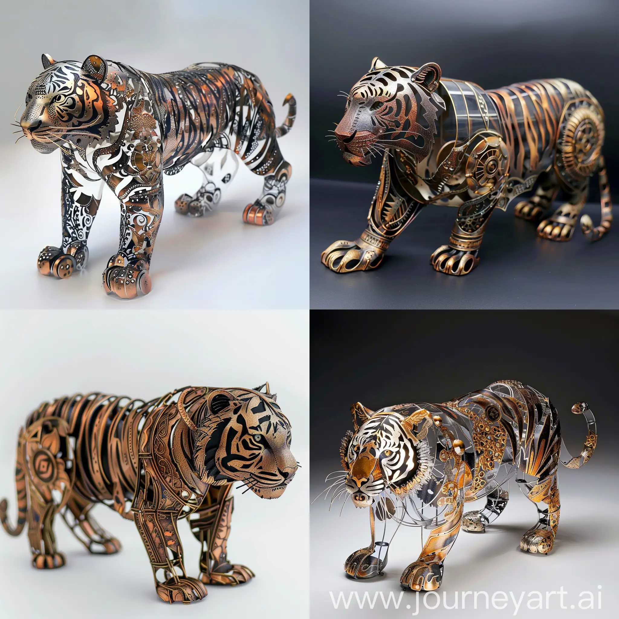 将一只老虎做成金属摆件，用纹样拼接出皮肤，透明空洞的身体