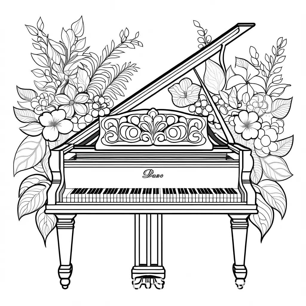 pianos in a floral arrangement

, Coloring Page, black and white, line art, white background, Simplicity, Ample White Space. The background of the coloring page is plain white to make it easy for young children to color within the lines. The outlines of all the subjects are easy to distinguish, making it simple for kids to color without too much difficulty