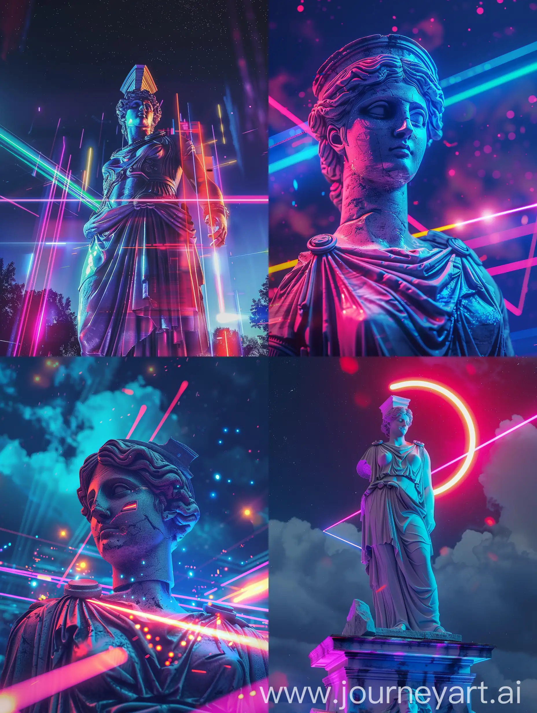 Cyberpunk synthwave Greek statue, against a night sky, with science fiction colorful light effects
