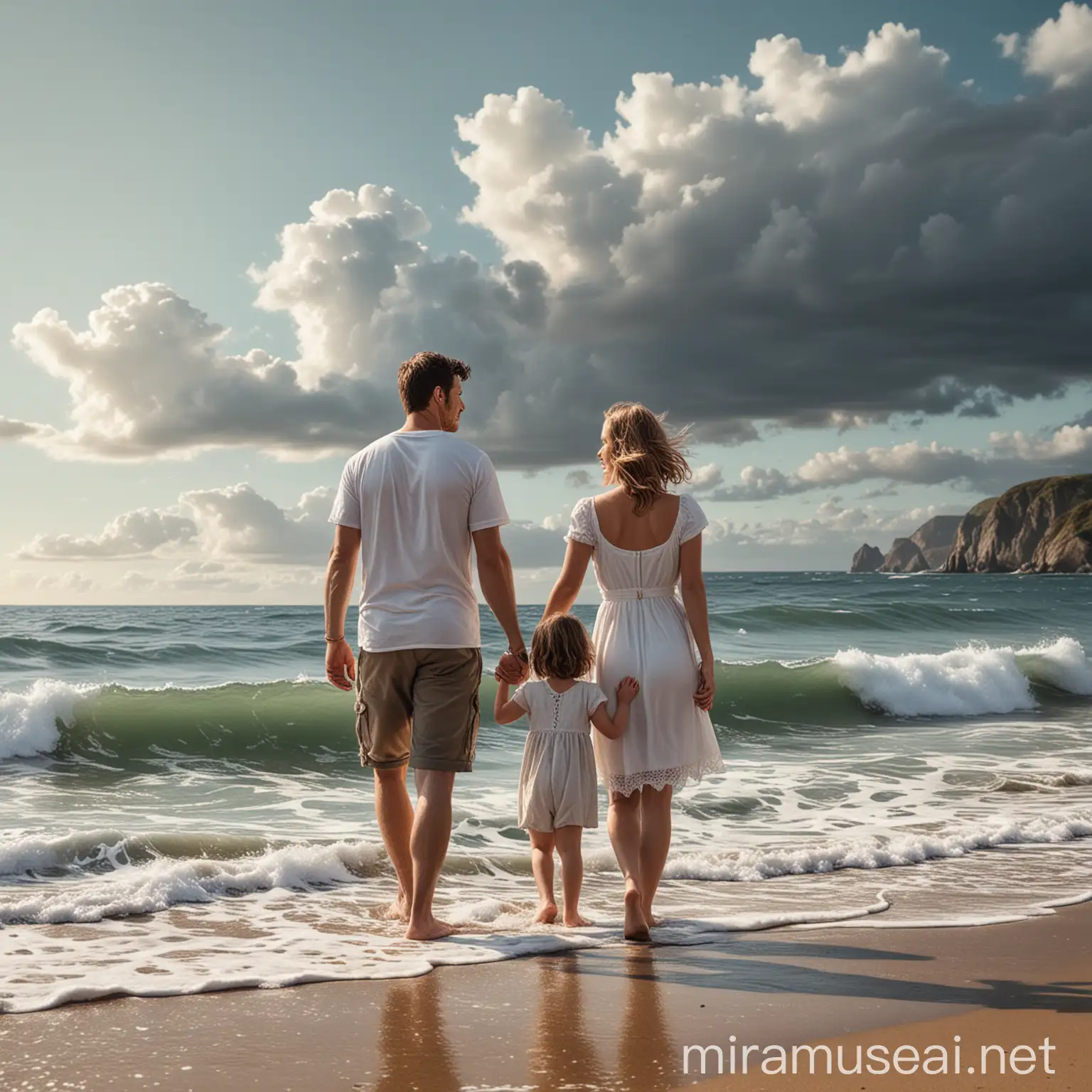 Young Husband and Wife with Toddler Daughter at Beautiful Seascape