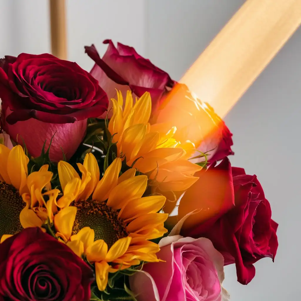 Sunbeam-Illuminating-Bouquet-of-Roses-and-Sunflowers