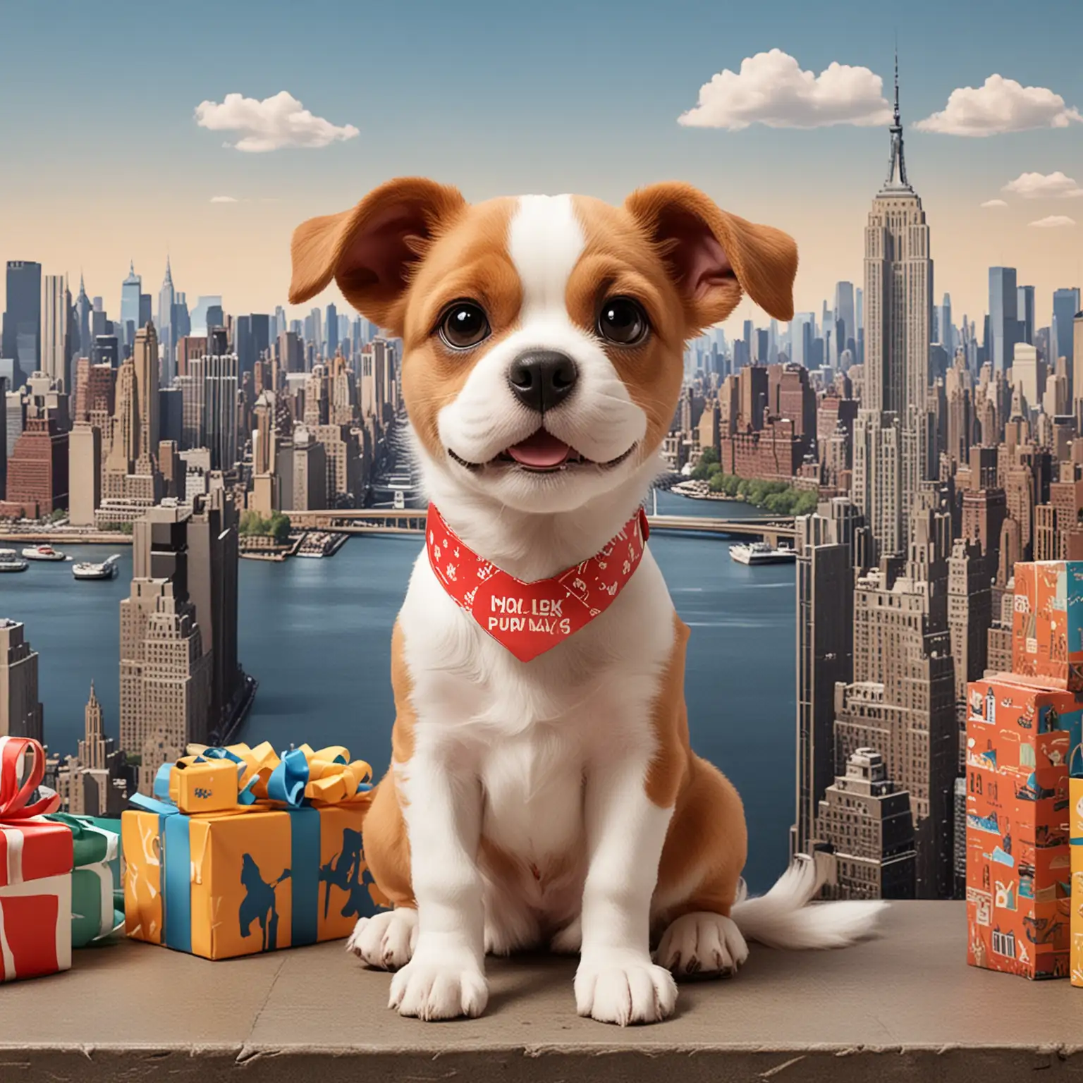 Cartoon-Dog-with-Gift-in-New-York-City-Skyline-Background