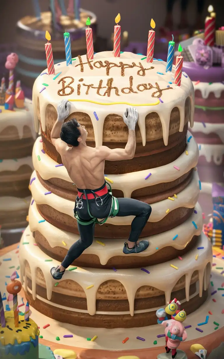 male climber bouldering on a birthday cake "happy birthday" icing