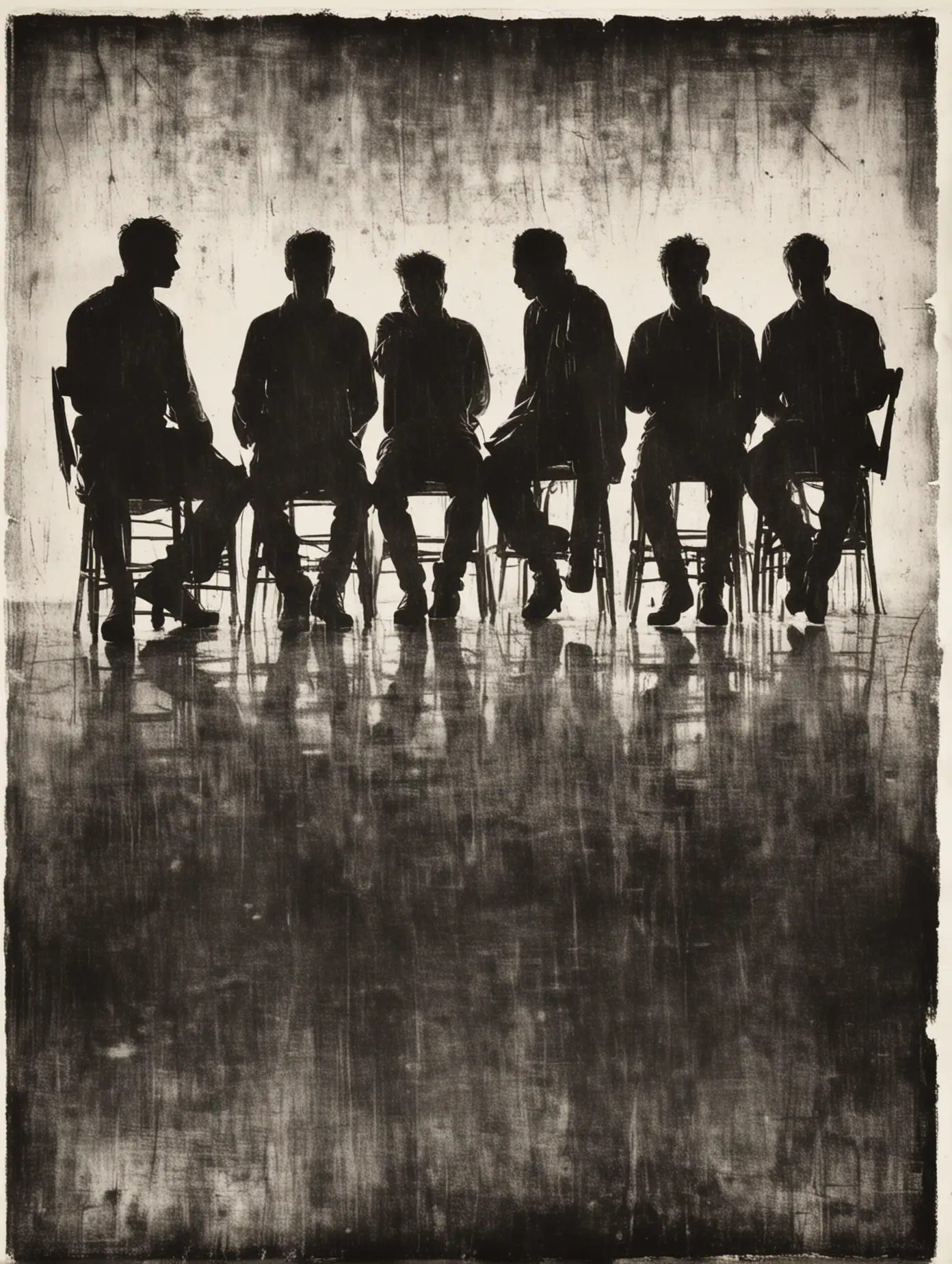 Grunge Black and White Silhouette of Six Men Sitting Around a Table