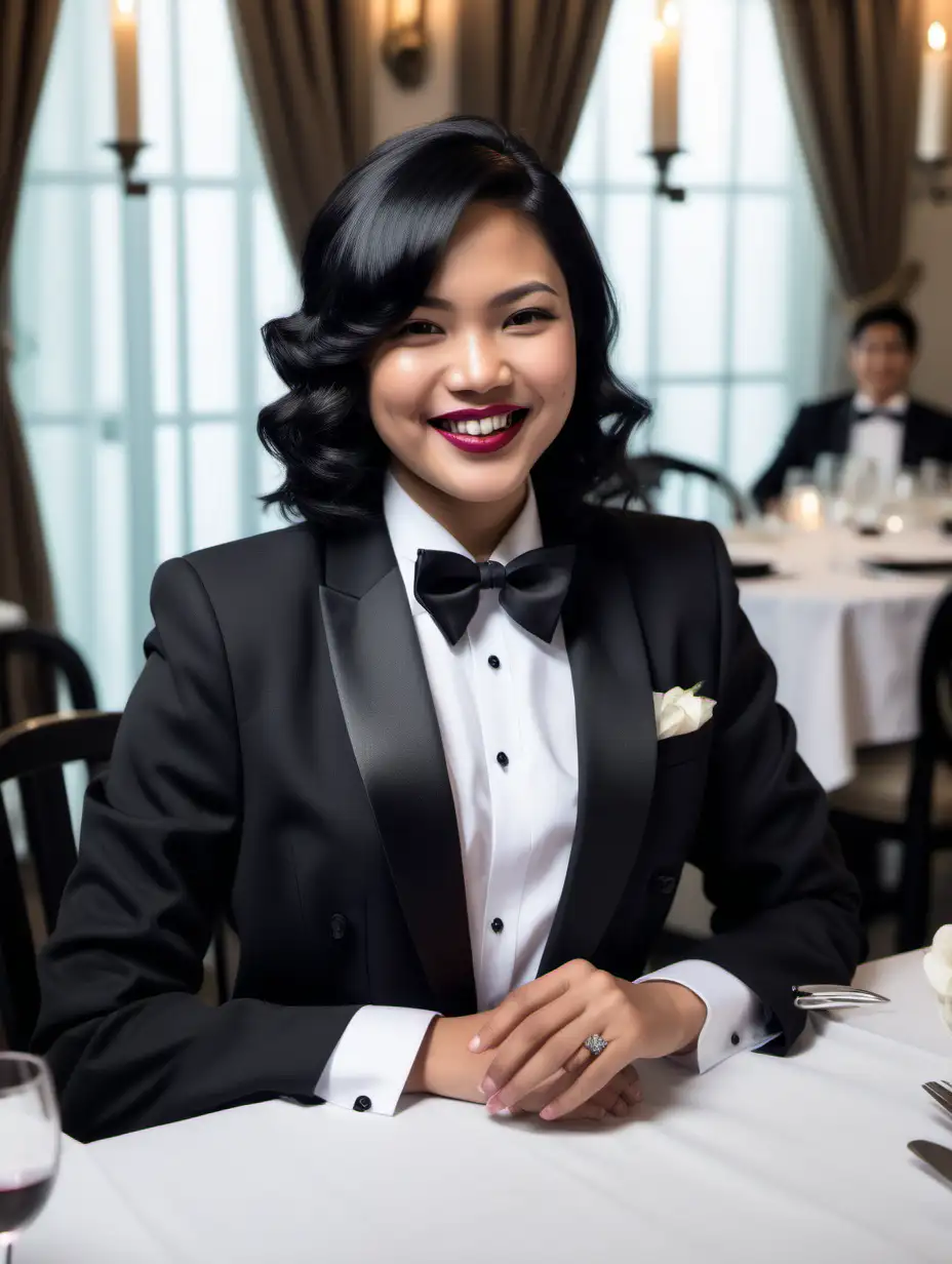 30 year old grinning filipino woman with shoulder length black hair and lipstick wearing a tuxedo with a black bow tie.  Her shirt's double french cuffs have cufflinks. Her jacket has a corsage. She is at a dinner table.