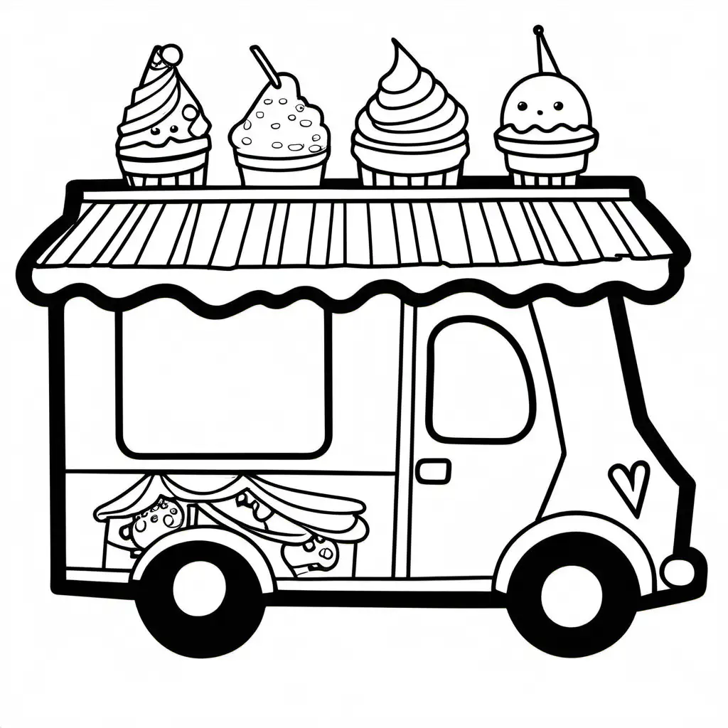 A smiling ice cream truck with a colorful awning and cute decorations., Coloring Page, black and white, line art, white background, Simplicity, Ample White Space. The background of the coloring page is plain white to make it easy for young children to color within the lines. The outlines of all the subjects are easy to distinguish, making it simple for kids to color without too much difficulty, Coloring Page, black and white, line art, white background, Simplicity, Ample White Space. The background of the coloring page is plain white to make it easy for young children to color within the lines. The outlines of all the subjects are easy to distinguish, making it simple for kids to color without too much difficulty