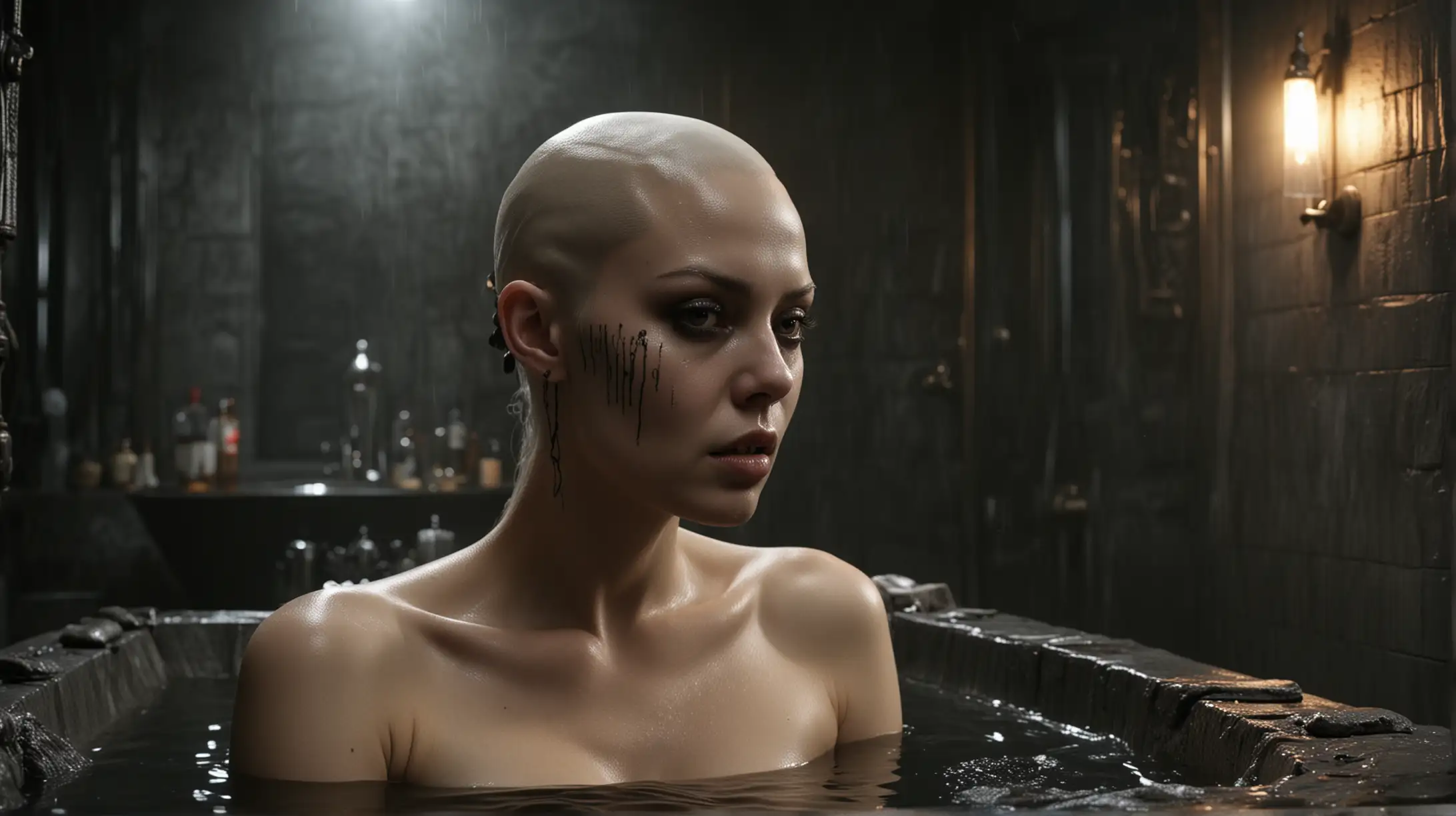 dark sci-fi, cryptic, minimalist, large dark stone bath in dark bathroom, minimalist wall lights in background, steam, exotic sultry petite young concubines in bath, bald heads, black eyes, black sclera, naked, pale, sultry, exotic,

wide shot, highly detailed, random details, imperfection, detailed face, detailed body, detailed skin textures, skin pores, detailed background, detailed colours hues tones, Giger style,