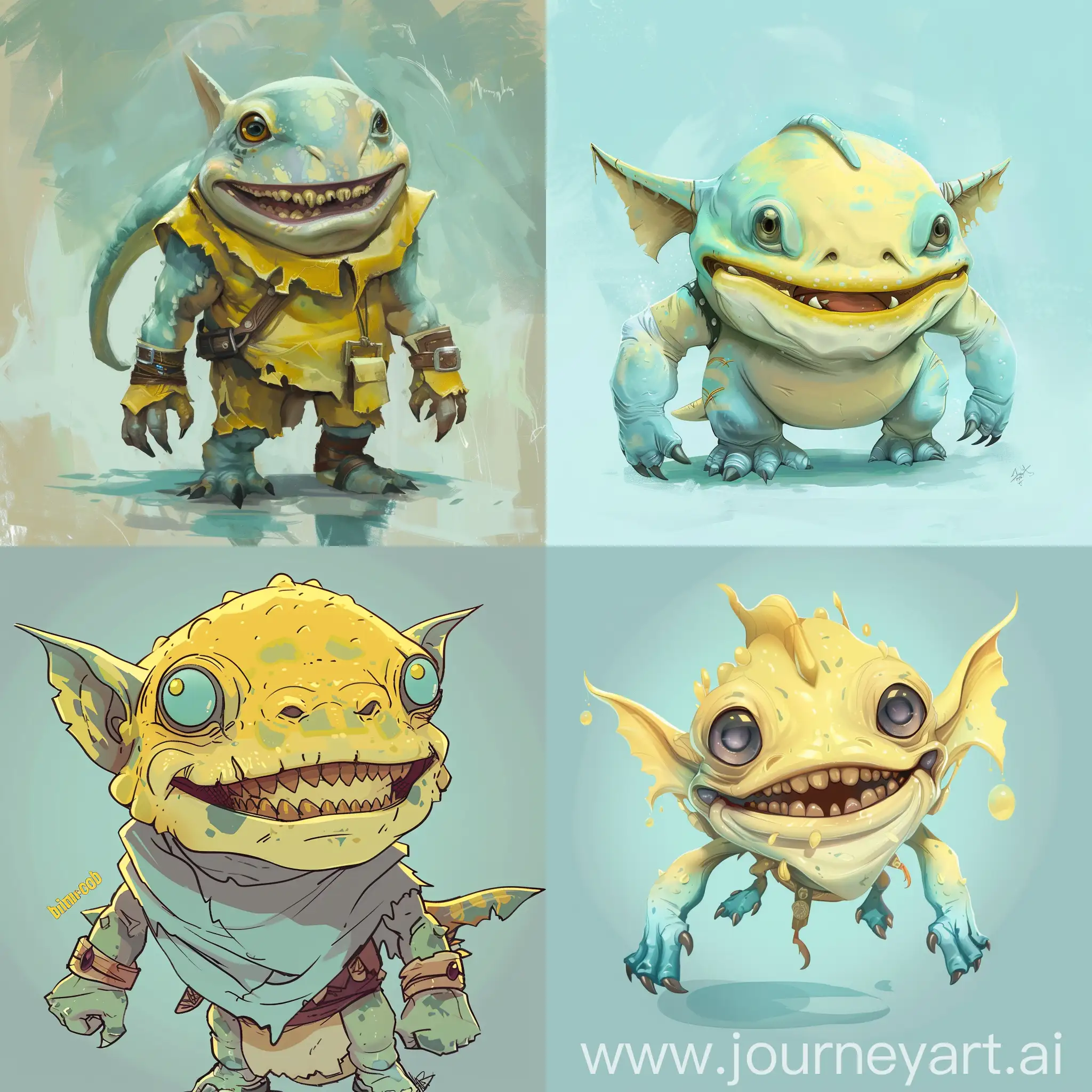 come up with the concept of a murloc merchant with a happy face. The colors are yellow and pale blue. Art should be like the classic blizzard style