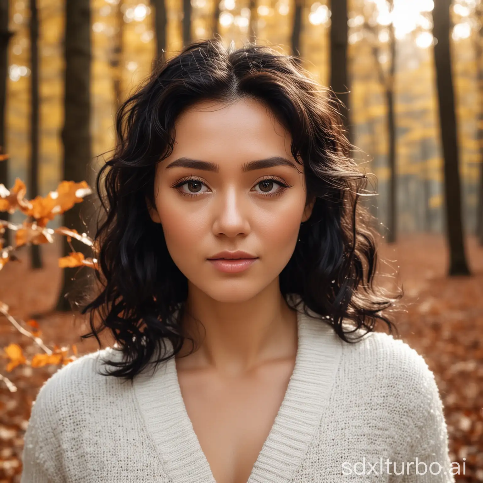 A woman wearing a white knitted cardigan coats and looks at the camera, with black shiny hair, slightly curly, clean makeup, breeze, brawn woods and fallen leaves, hazy feeling, blurred background, Canon shot, portrait photo, style reference gongli