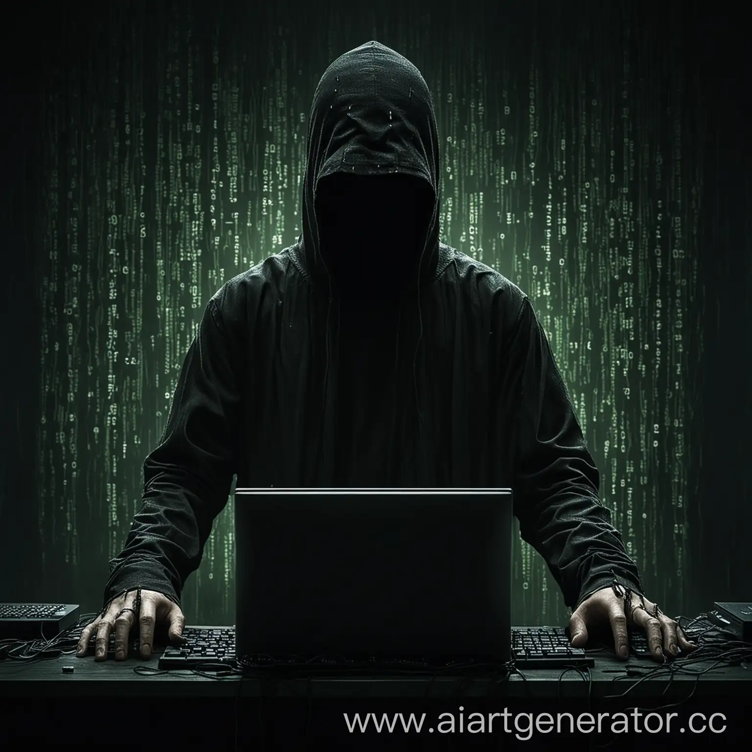 темный хакер, без лица, программирует возле компьютера, все немного похоже на фильм матрица. Немного все темно и очень таинственно.