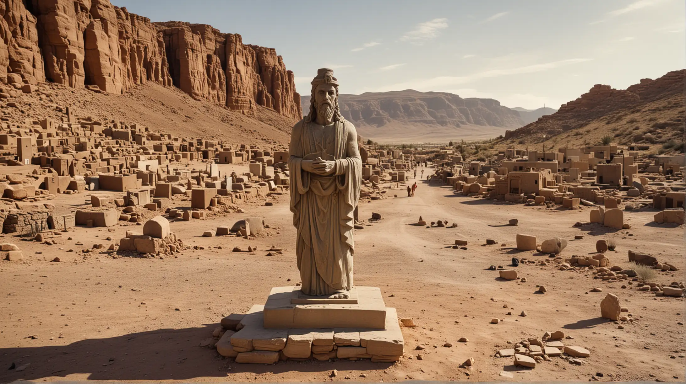 a pagan Statue idol in the centre of a desert town,  with an altar  in front of it. during the biblical era of Moses.