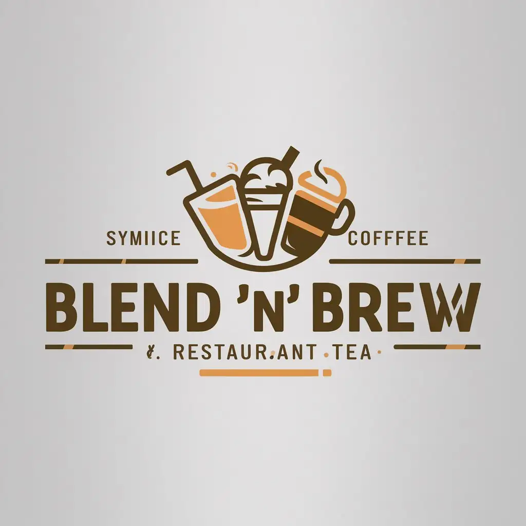 a logo design,with the text "BLEND 'N’ BREW", main symbol:Juice, smoothie, Ice cream, coffee, tea,Moderate,be used in Restaurant industry,clear background