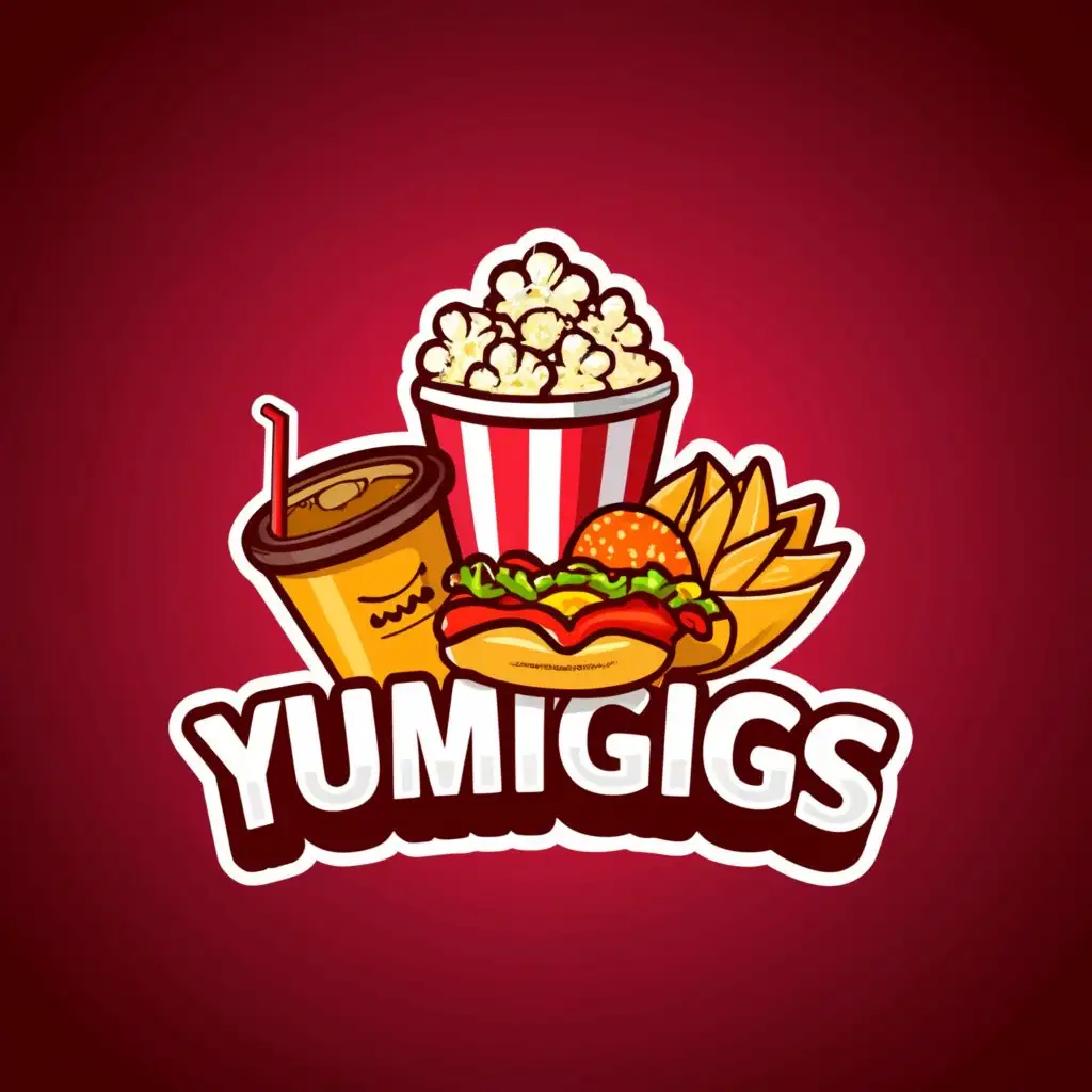 a logo design,with the text "YumGigs", main symbol:Popcorn, burger, nachos, cold drink,complex,be used in Entertainment industry,clear background