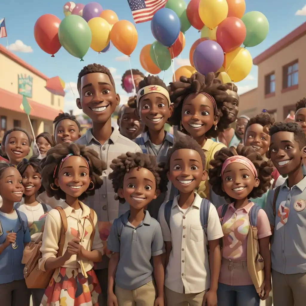 defined 3D cartoon-style African Americans at the community center with balloons and flags in New Mexico smiling 
