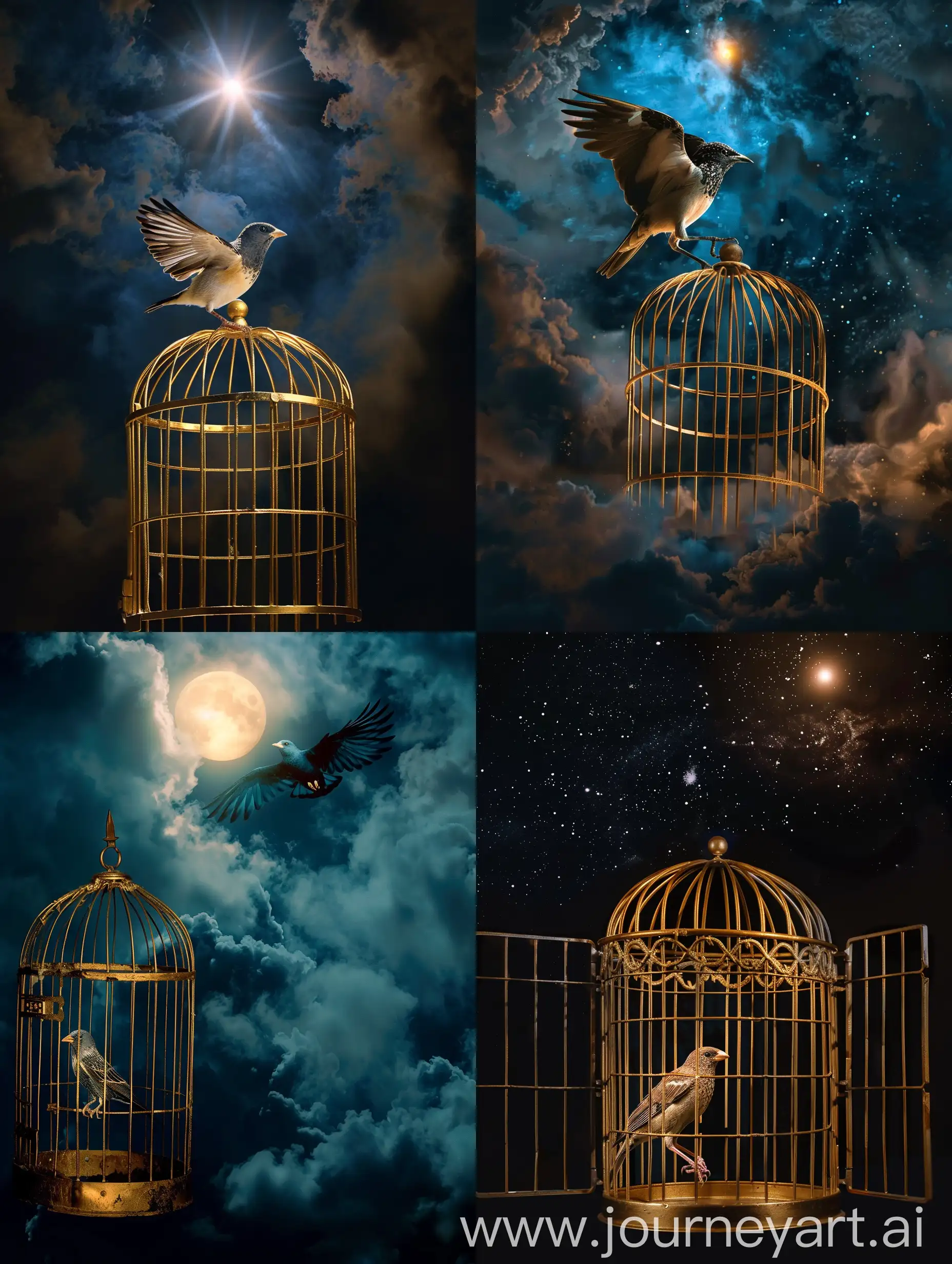 A bird in a gold cage that is scary to go out because there a dark entity but it want to reach the light in the sky