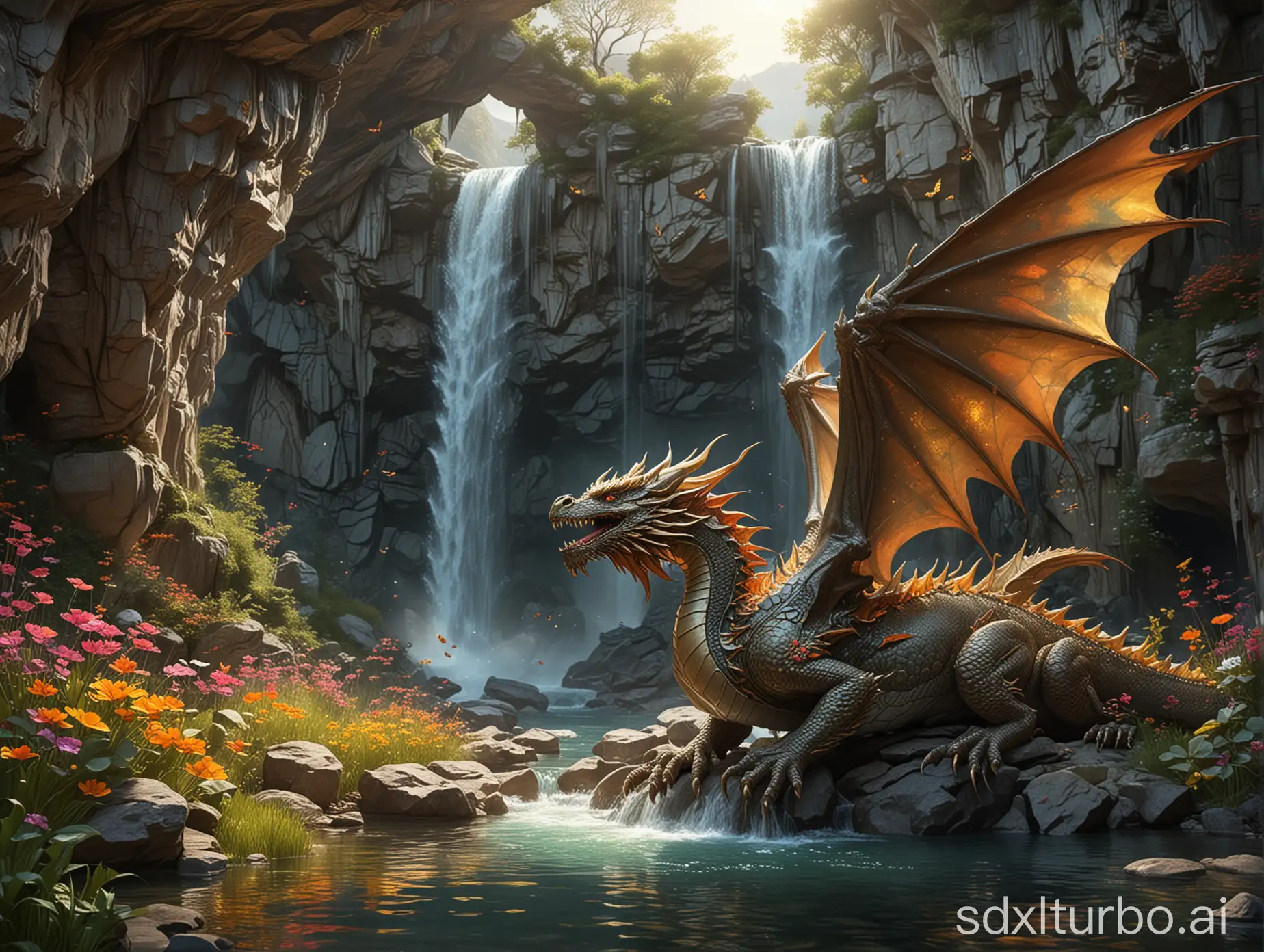 The entrance to the grotto is guarded by a huge beautiful and wise dragon with folded wings, its scales glistening silver and gold.Mystical, beautiful, magical waterfall, spews from the rock in the underground high grotto jets of water, shimmering with colorful sparks.  The colorful sparks are reflected on the surface of the water.  Below the waterfall, there is a lake, from which streams flow outward to a beautiful meadow where flowers grow and butterflies fly. , sf, intricate artwork masterpiece, ominous, matte painting movie poster, golden ratio, trending on cgsociety, intricate, epic, trending on artstation, by artgerm, h. r. giger and beksinski, highly detailed, vibrant, production cinematic character render, ultra high quality model