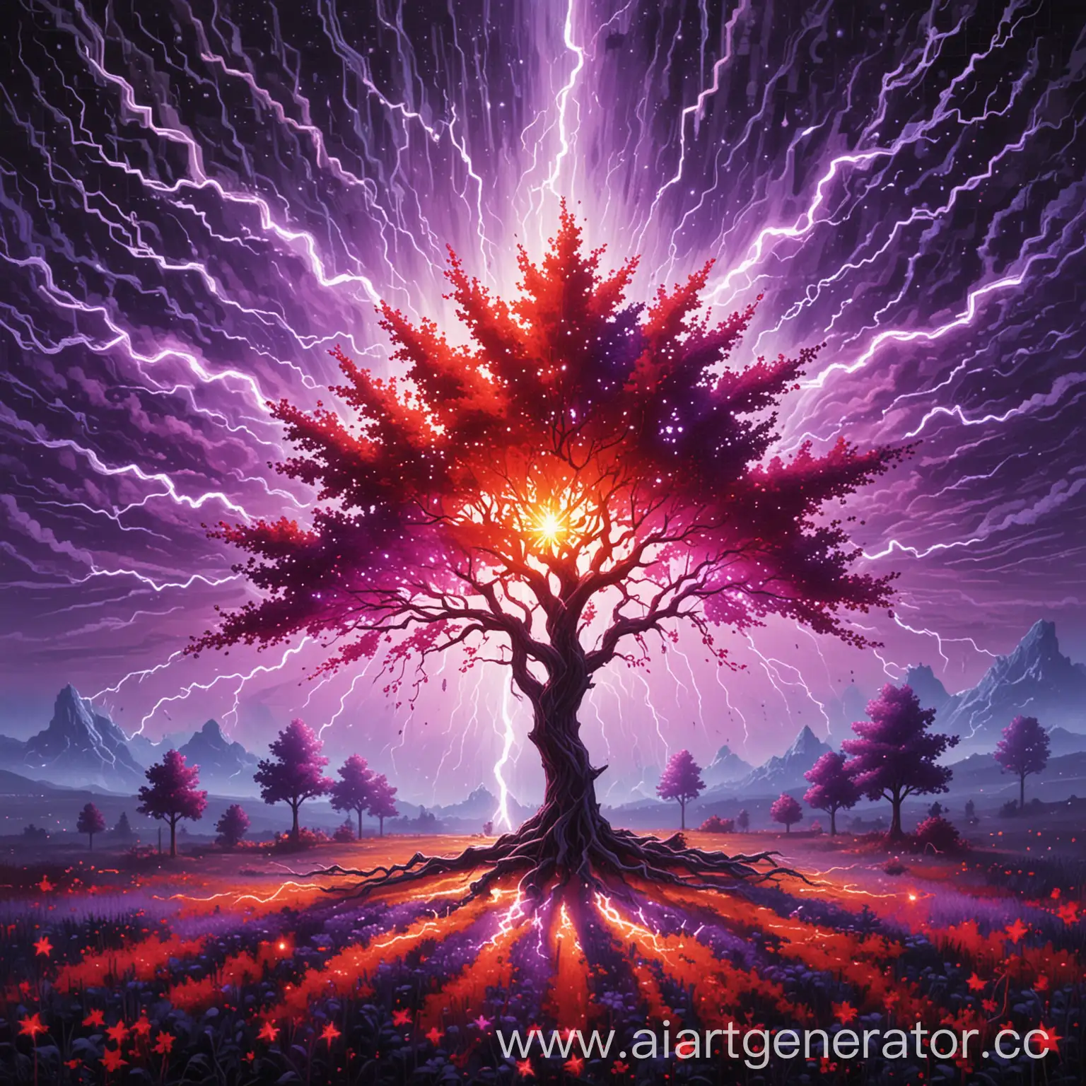 пиксильный арт с деревом и  молнией одна старана красная а другая фиолетовая