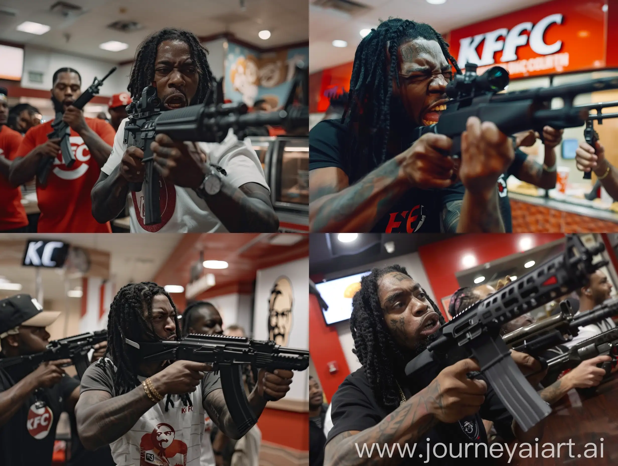 chicago rapper chief keef,in a fight inside kfc with his while thry holding black rifles fighting kfc emplyoes,funny secruity camera footage point of view