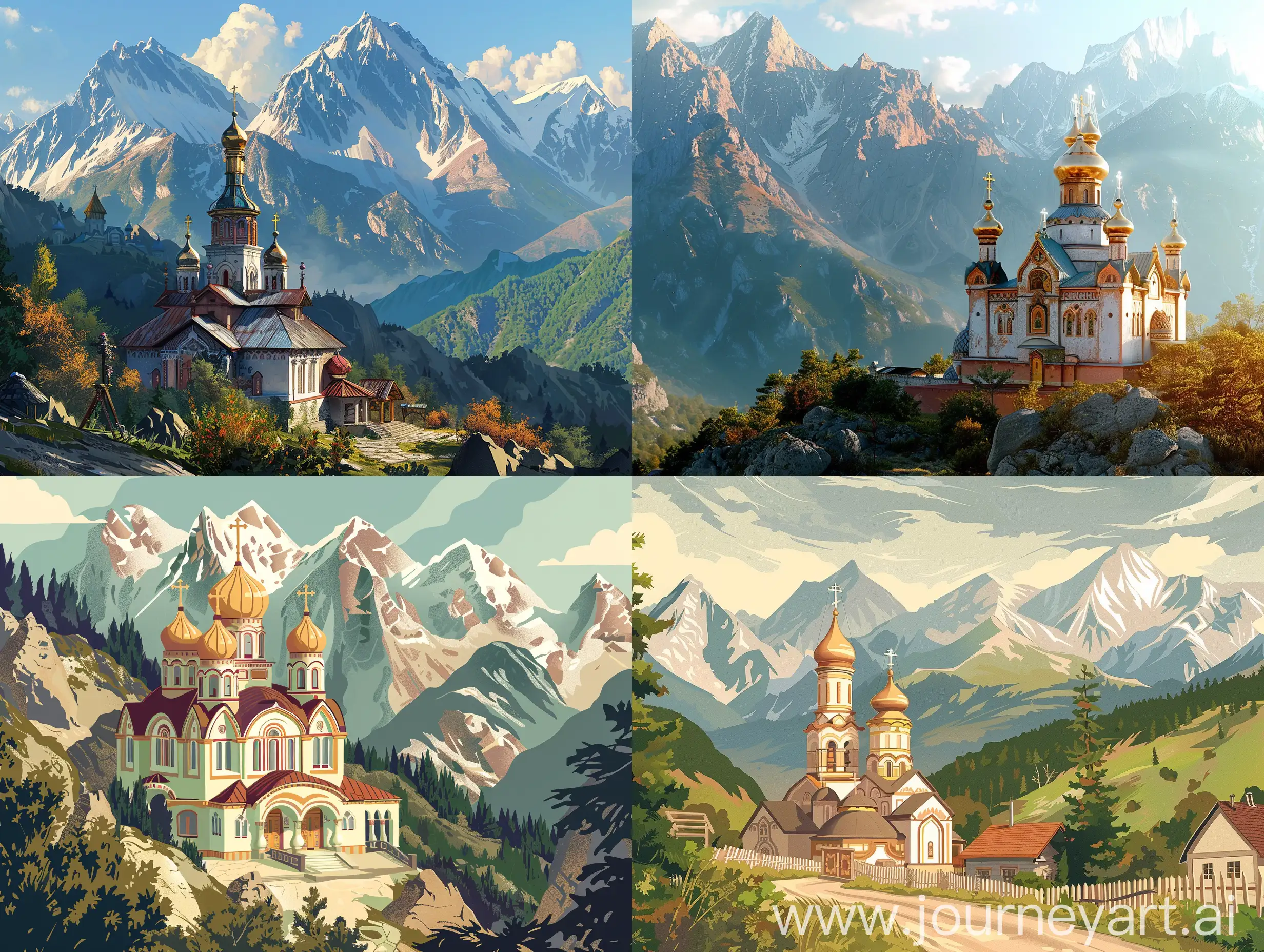 Create a bright and picturesque scene featuring a Russian cultural heritage site, such as a traditional Russian church or monastery, surrounded by mountainous terrain reminiscent of the Balkan Mountains. Use a lighter, warm, and welcoming color scheme. Incorporate elements of Russian and Serbian symbolism to emphasize the theme of preserving Russian heritage in Serbia and promoting it in Russia. Ensure the background mountains add a majestic and serene atmosphere to the scene.