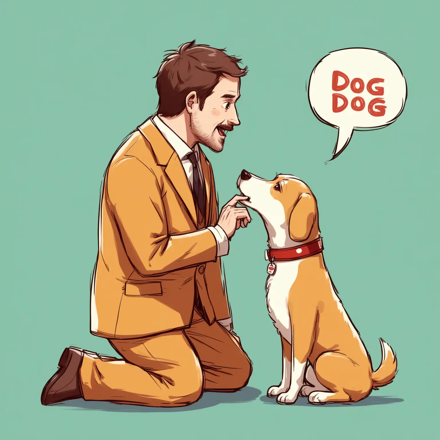 cute illustration of a man dressed as a dog, talking to an actual dog