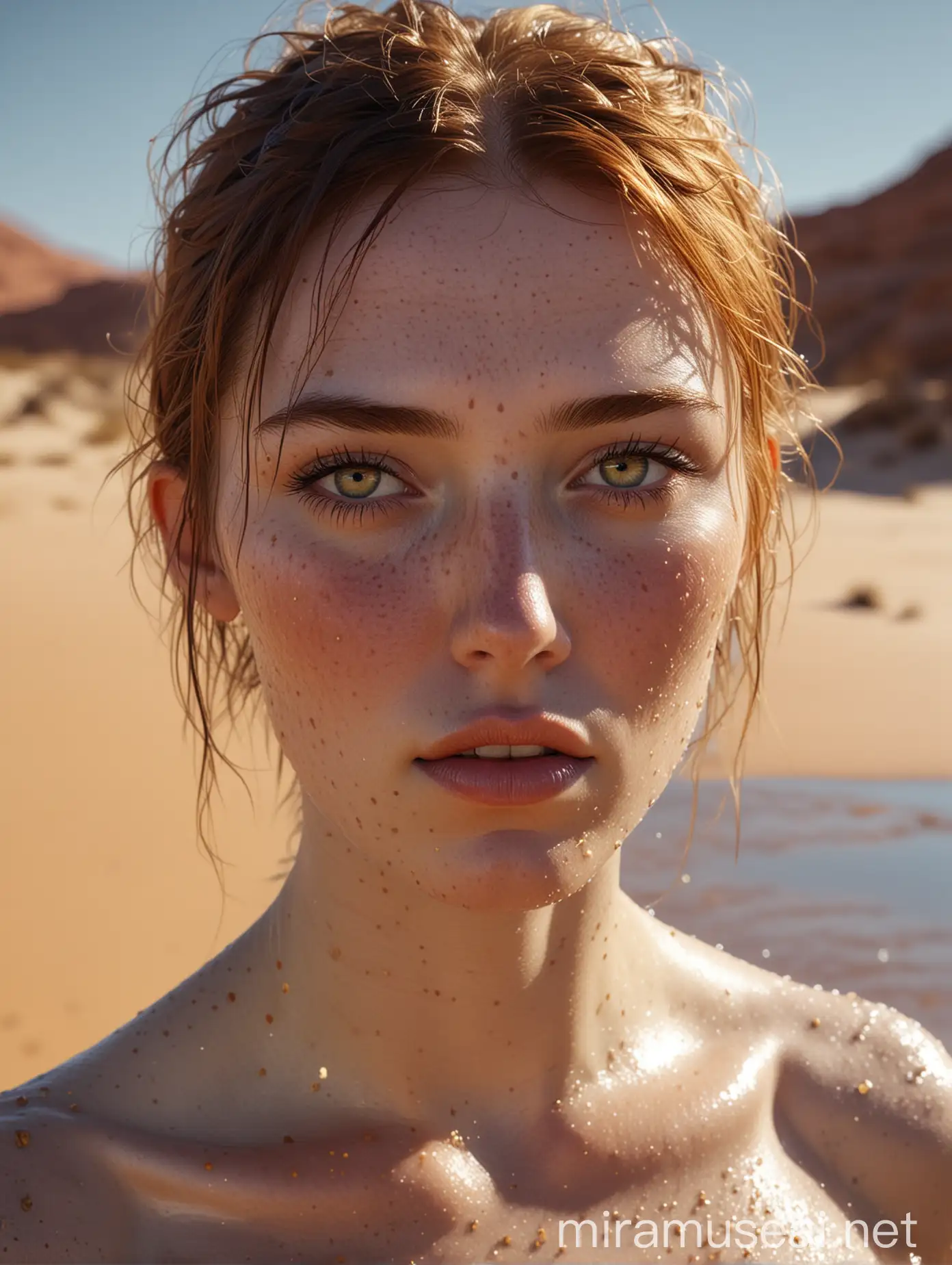 pale girl, freckles, with golden spots on the body, inside cold water, desert background, wearning DUNE style clothes, Mad Max style, intricate abstract, global illumination, hyper realistic, detailed eyes, detailed face, glossy skin, glossy lips