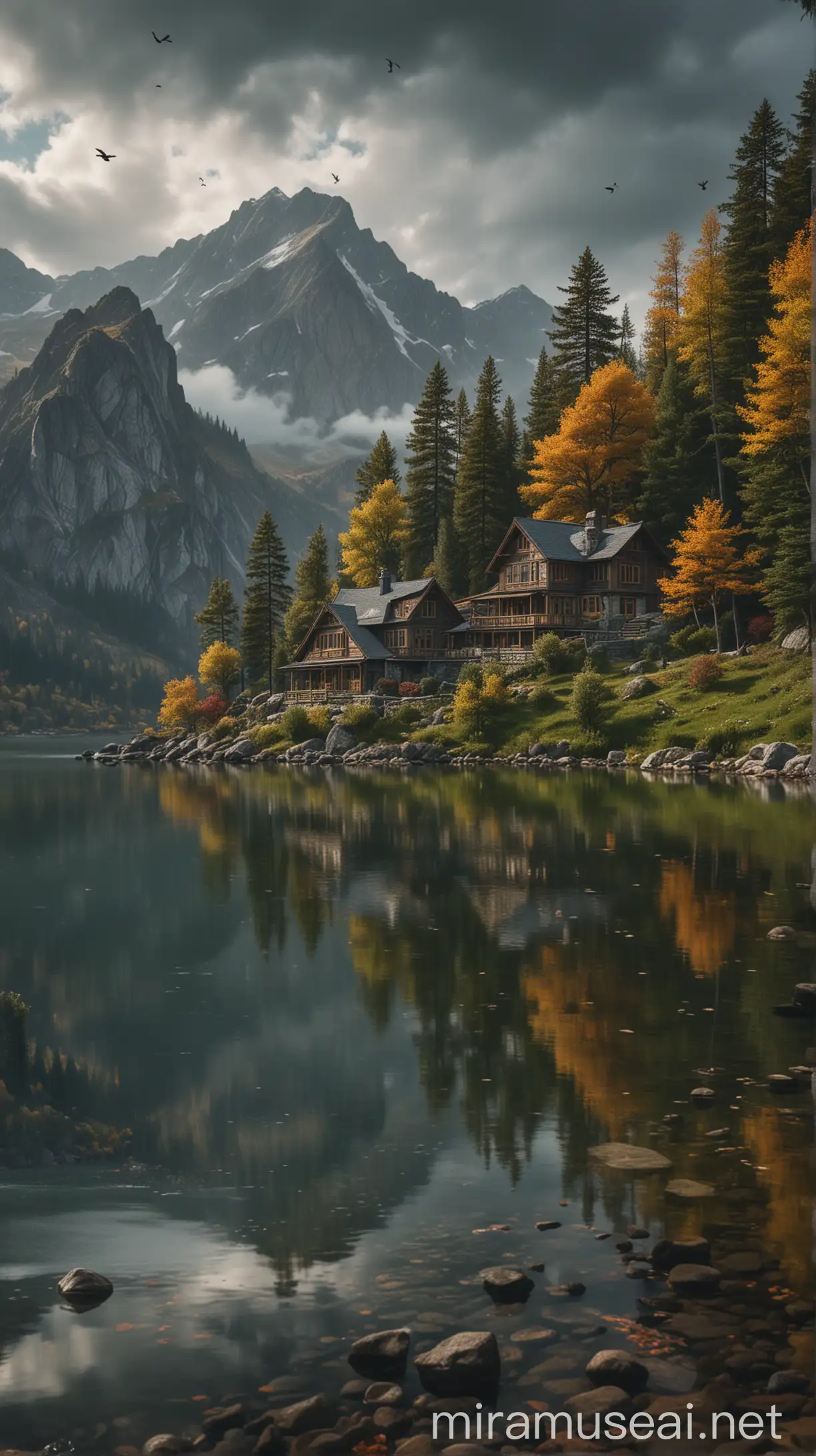 Tranquil Mountain Landscape with Reflective Waters and Quaint House