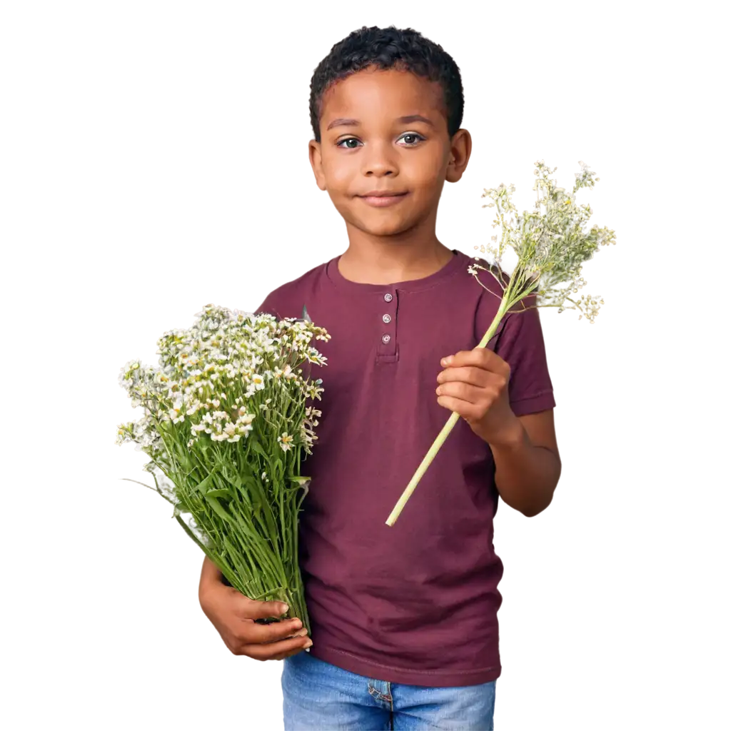 a cute zimbabwean boy holding a flower in a green field