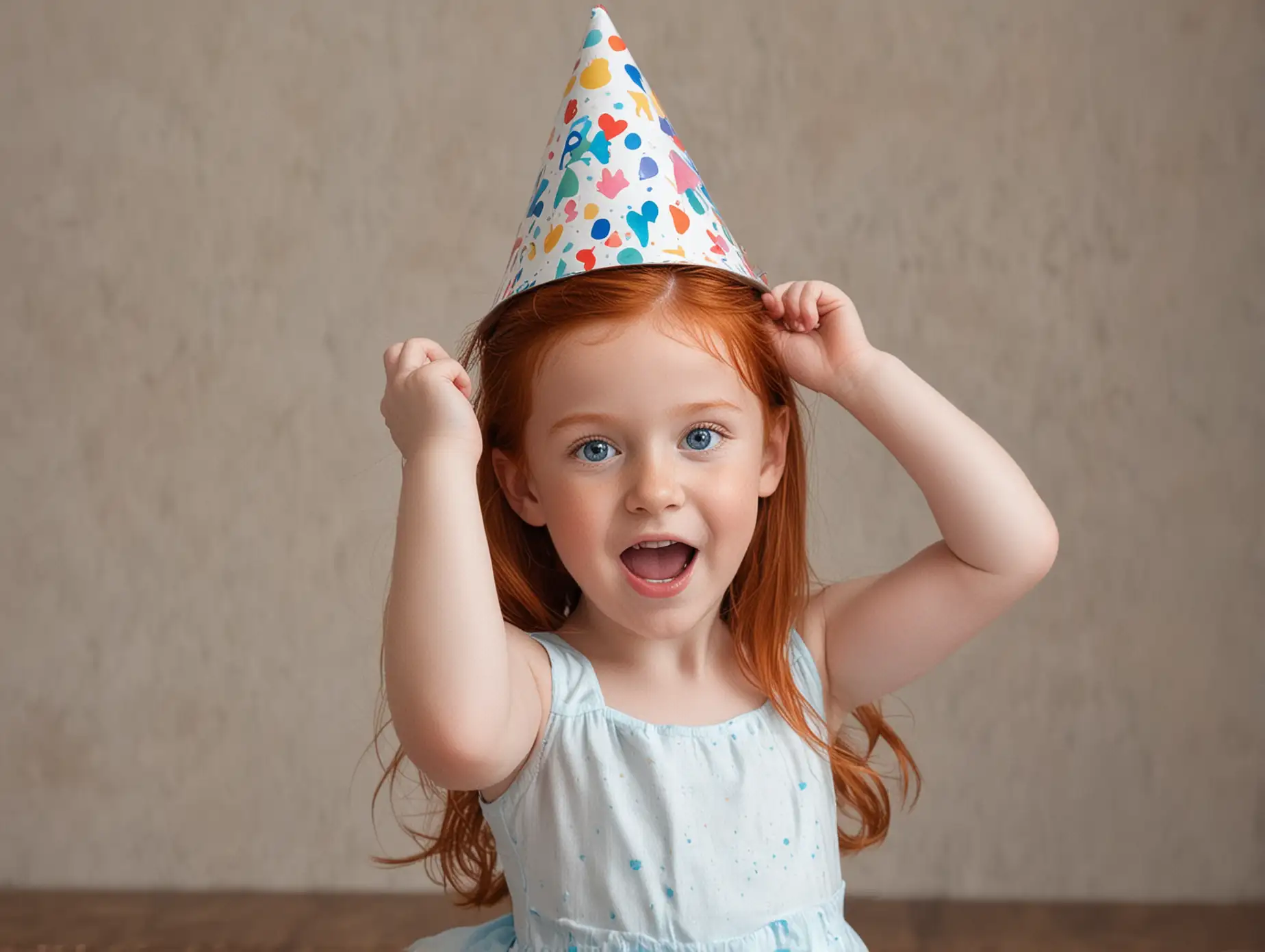 A redhead little girl with blue eyes dancing wearing a birthday party hat 