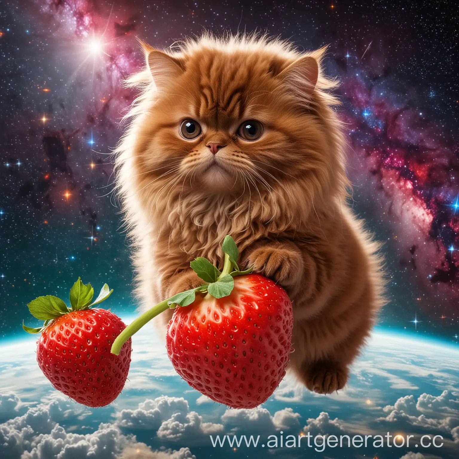 Fluffy-Cat-Lola-Riding-a-Strawberry-Elephant-in-Space-Eating-Kiwi