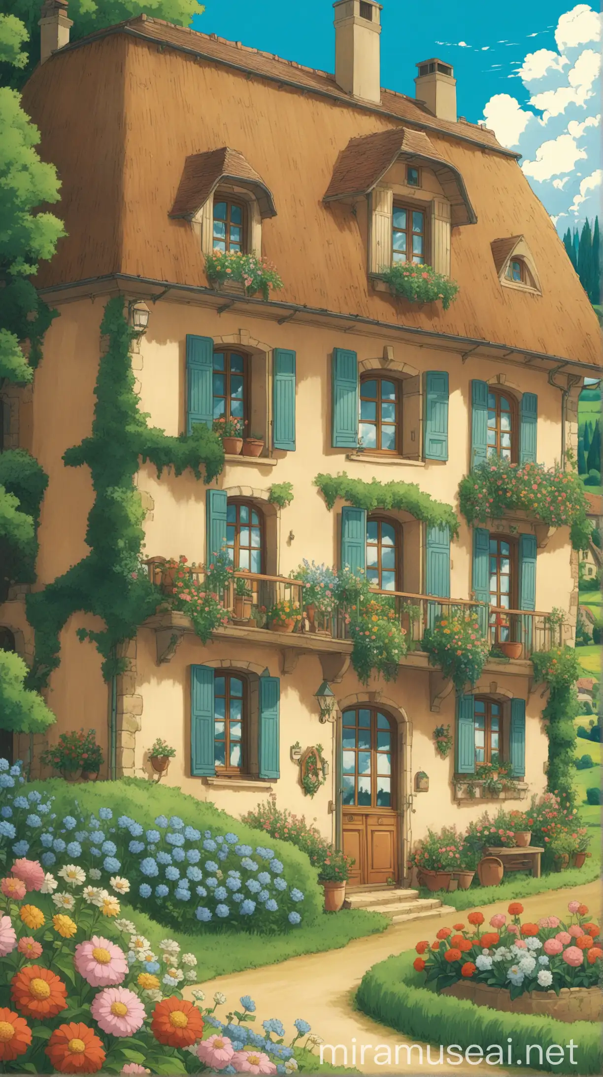  ghibli style  cozy, countryside, french house, with lush flowers