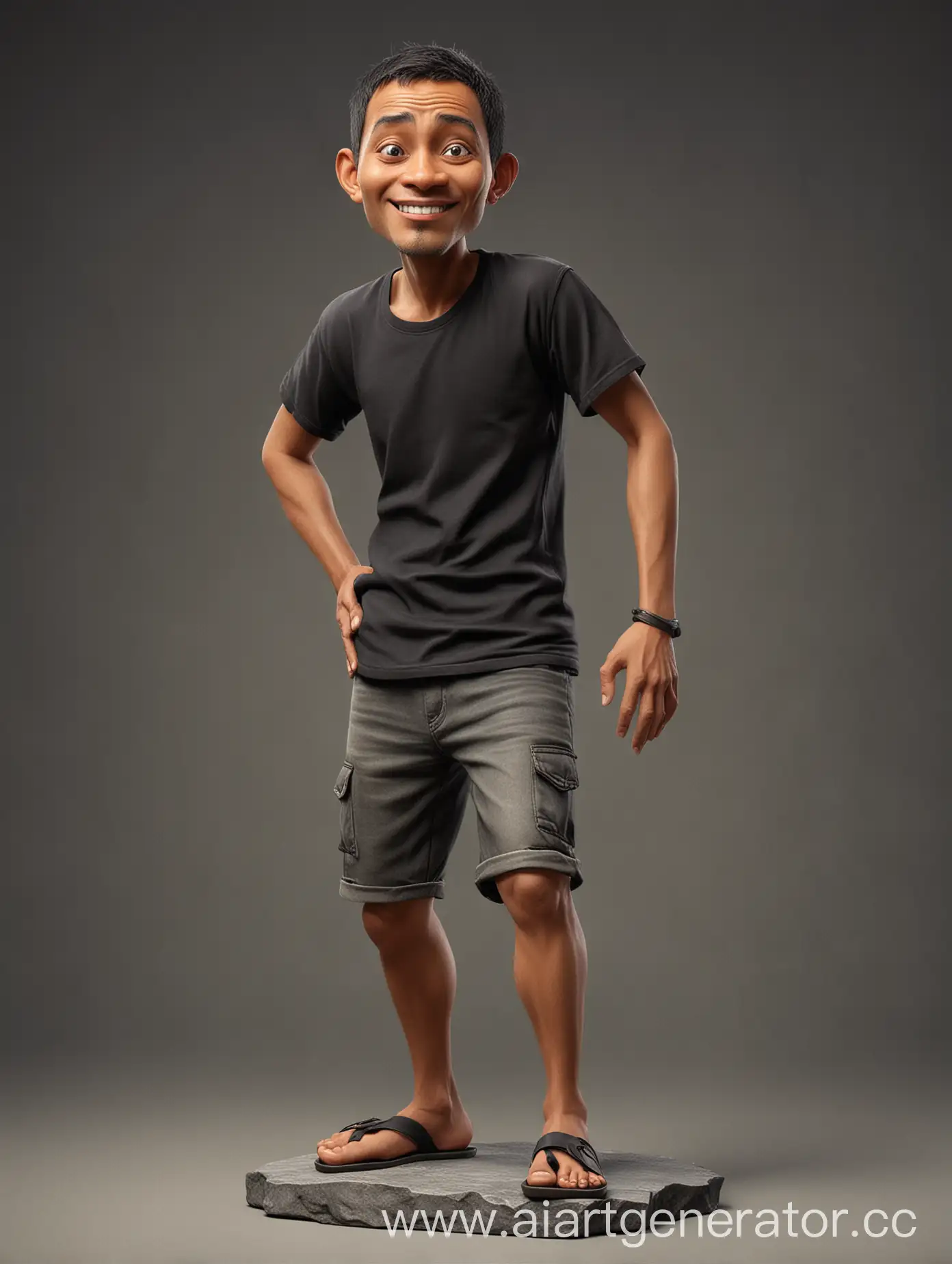 Realistic 4D Caricature of a Sundanese innocent guy, normal face, small eyes, 15% body fat, 50 years old, wearing black t-shirt, sandals , standing up on a flat stone,dancing in the photo studio, solid gradients background