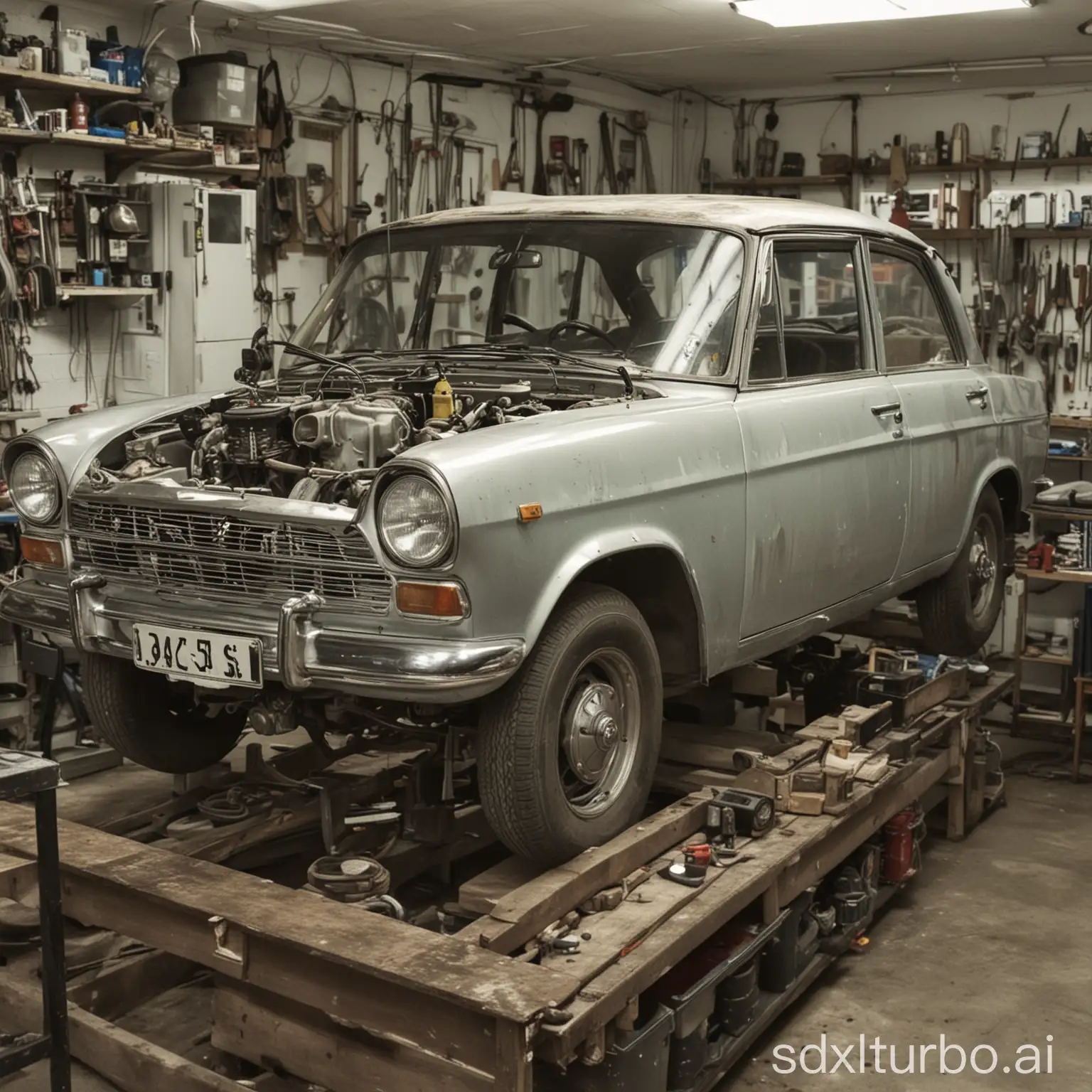 A car being worked on in a shop