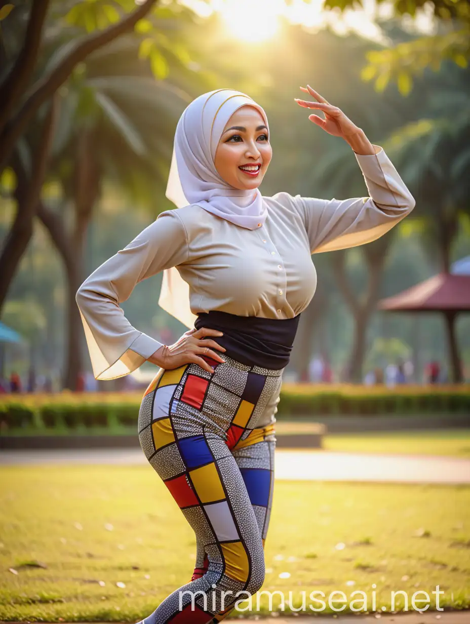 Wanita usia 40 THN Indonesia berhijab, wajah bulat kampungan. Berlesung pipit, gigi gingsul.
Payudara besar montok. Dandanan menor. Memakai kaus panjang ketat dan legging motif Piet Mondrian. Sedang menari jaipongan, meliuk liuk di sebuah taman. Cahaya matahari kekuningan menerpa, Bokeh dikejauhan terlihat.