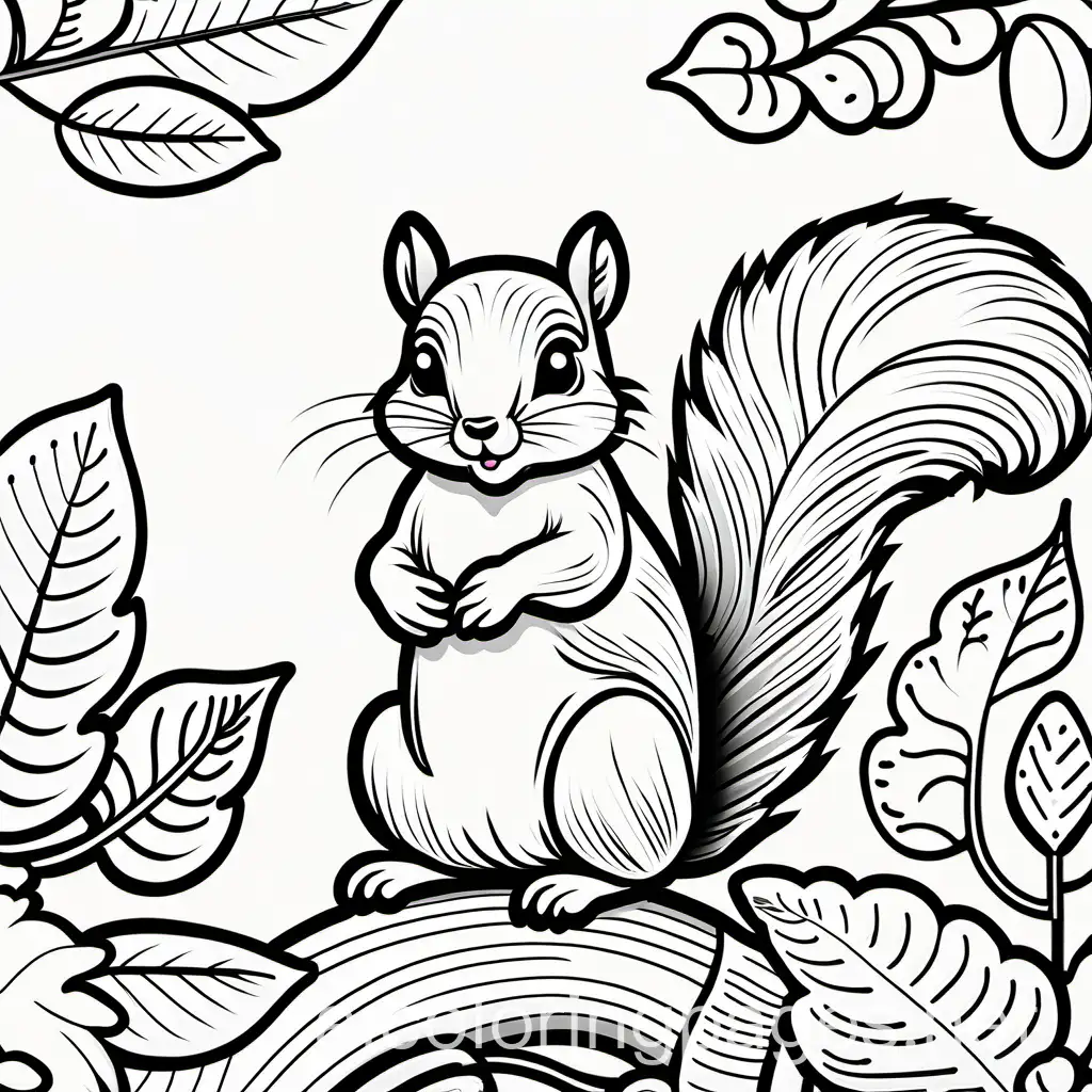 Cute baby squirrel, black and white, coloring page, clean lines, thick lines, Coloring Page, black and white, line art, white background, Simplicity, Ample White Space. The background of the coloring page is plain white to make it easy for young children to color within the lines. The outlines of all the subjects are easy to distinguish, making it simple for kids to color without too much difficulty