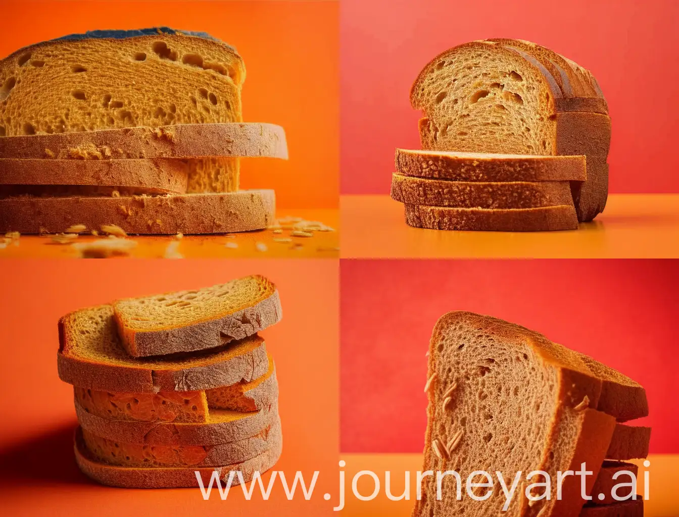 A photorealistic image of a loaf of whole wheat bread, sliced and stacked, placed in the center of the frame against a vibrant orange background. The focus should be sharp on the bread, capturing the intricate details of the crust and the soft, fluffy texture of the slices. The orange background should complement the warm tones of the bread, creating a visually appealing contrast.
