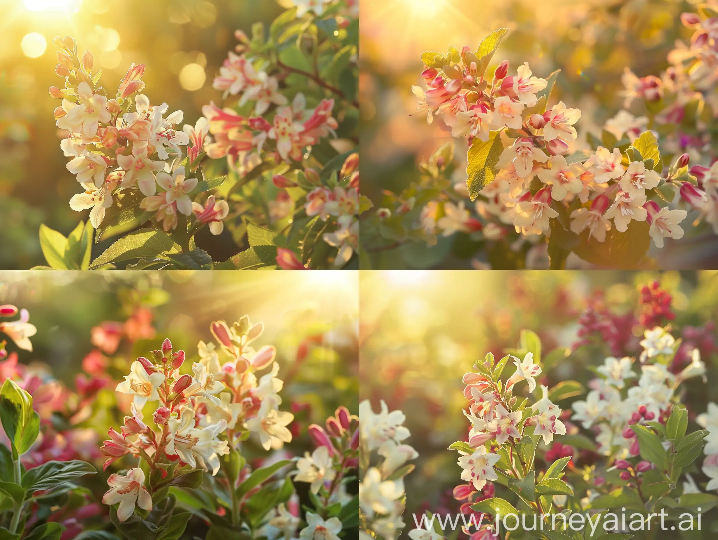 High detailed photo capturing a Weigela, Czechmark Trilogy®. The sun, casting a warm, golden glow, bathes the scene in a serene ambiance, illuminating the intricate details of each element. The composition centers on a Weigela, Czechmark Trilogy®. Large flowers in lovely hues of white, pink, and red present themselves in abundance in spring on this easy to grow hardy shrub. Deer-resistant plants stay compact and attractive all season long, with glossy green foliage, and are superb additions to pere. The image evokes a sense of tranquility and natural beauty, inviting viewers to immerse themselves in the splendor of the landscape. --ar 16:9 