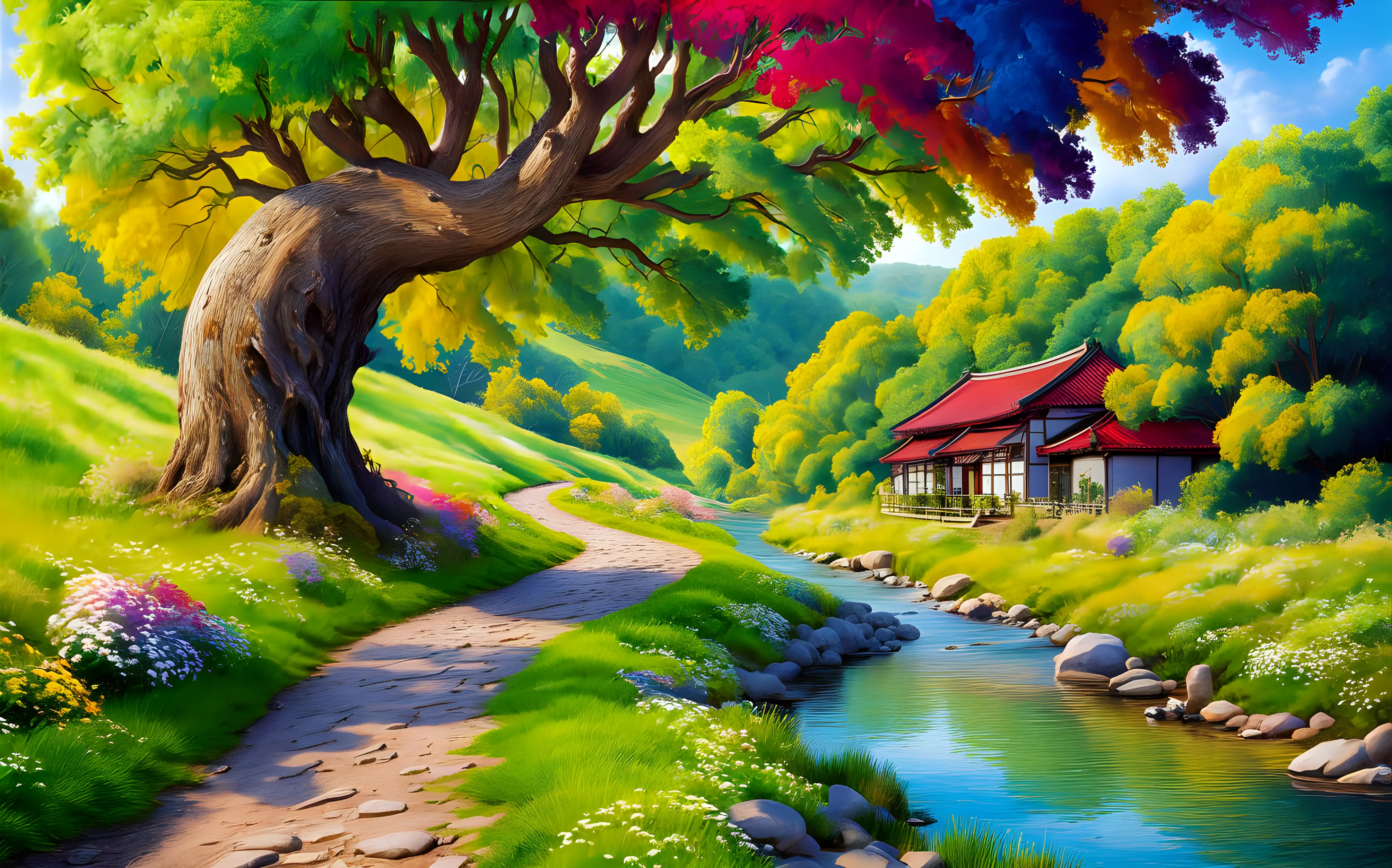 Tranquil Countryside Scene with Colorful Flowers Towering Trees and Charming Riverbank House