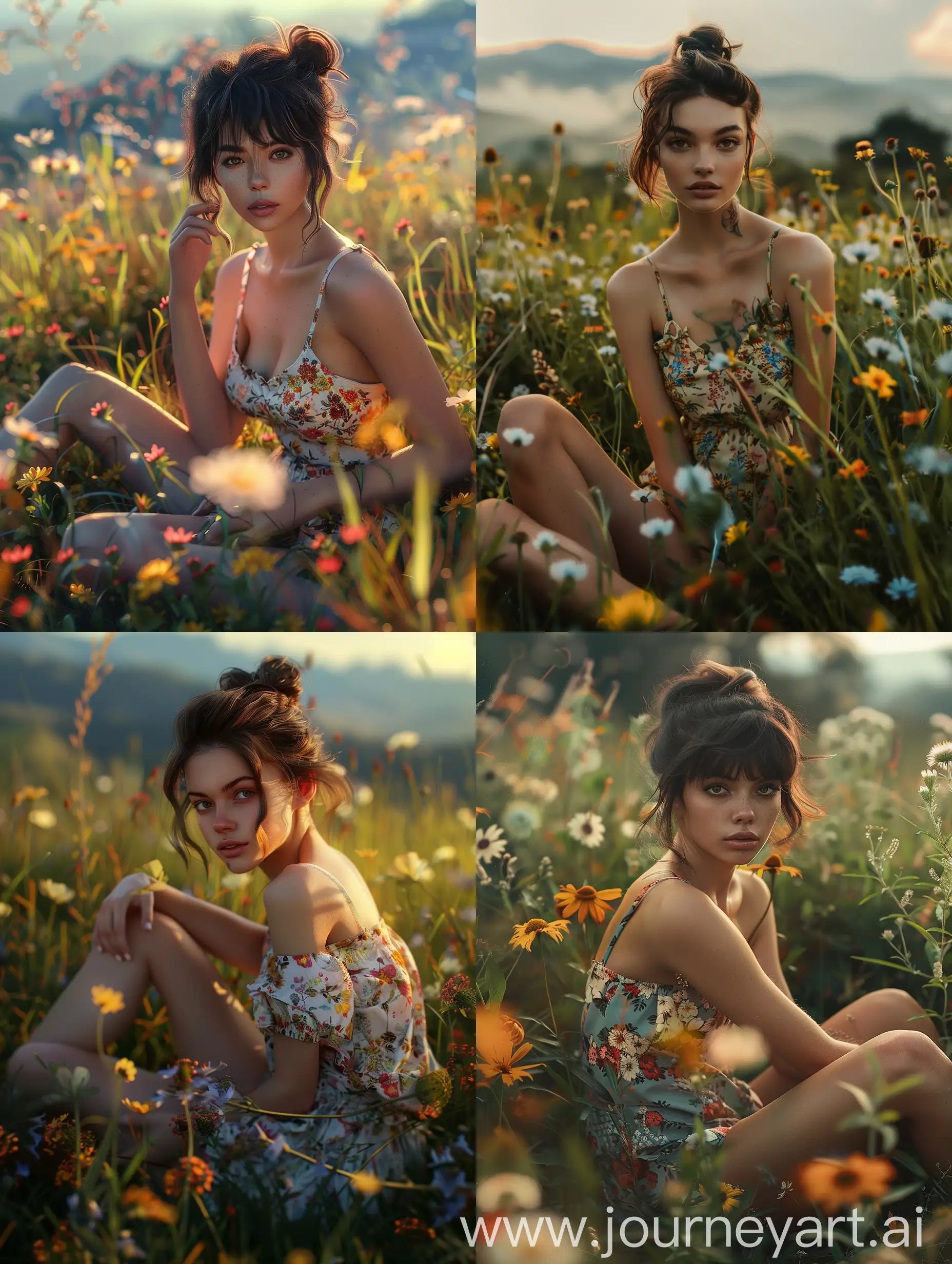 An ultra-detailed, ultra-realistic photo of a gorgeous and playful woman sitting on the grassland with her legs fixed naturally. She has short dark reddish-brown bun hair and is wearing a mini floral dress. The background is a serene, windy and enchanting landscape, characterized by an abundance of wildflowers in a meadow, illuminated by the soft, golden light of the rising sun. The flowers are a mix of warm yellows, oranges, and cool blues, creating a harmonious contrast that enhances the natural beauty of the scene. The background features distant mountains shrouded in a gentle mist, adding to the ethereal atmosphere. The foliage in the foreground, with its warm autumnal hues, frames the scene beautifully, giving it a dreamlike quality. The overall mood is peaceful and idyllic, evoking a sense of tranquility and connection with nature.