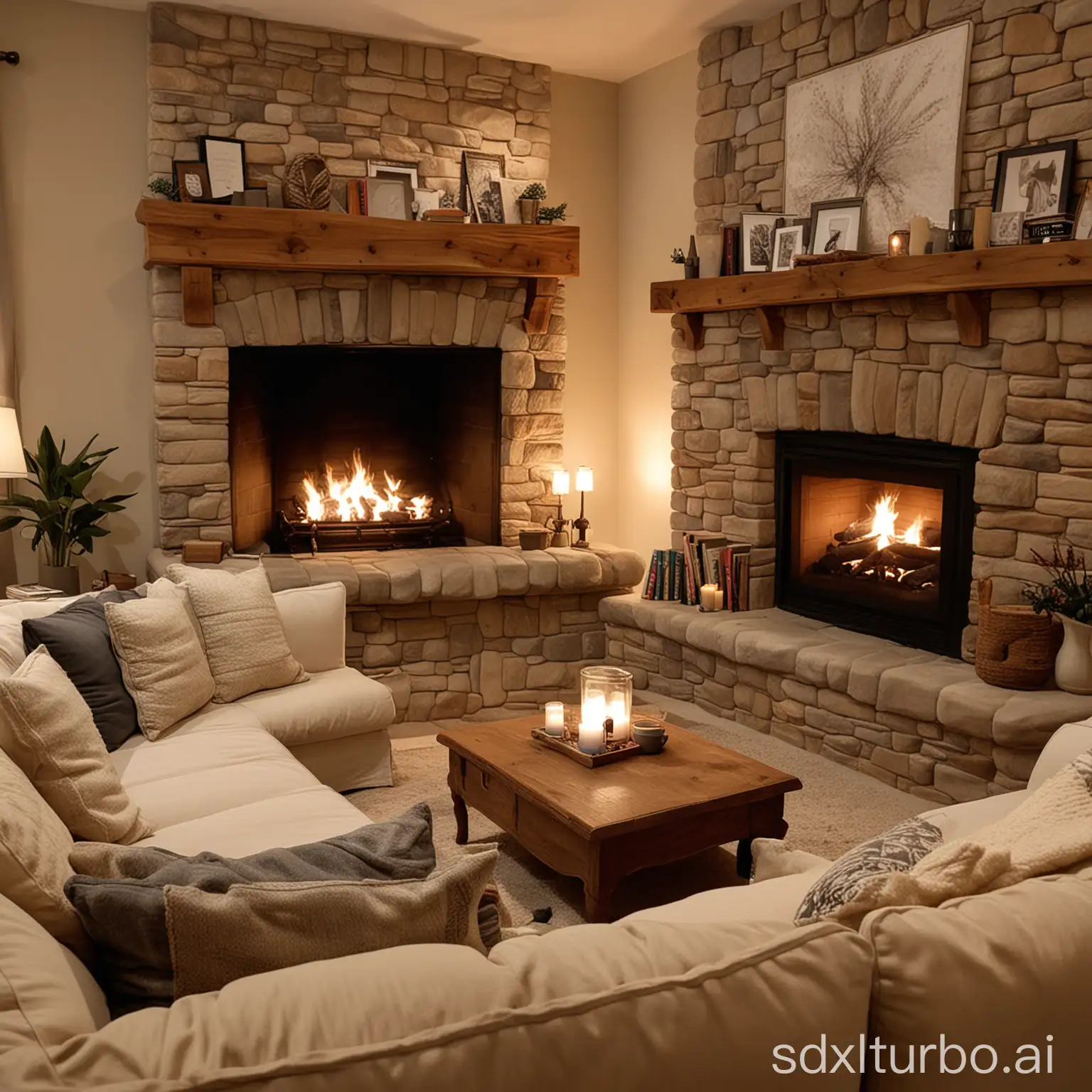 A cozy living room with a large, comfortable couch and a warm fireplace. The couch is covered in a soft, textured fabric and has a few decorative pillows. There is a wooden coffee table in front of the couch and a few books on it. The fireplace is burning and there is a warm glow in the room.